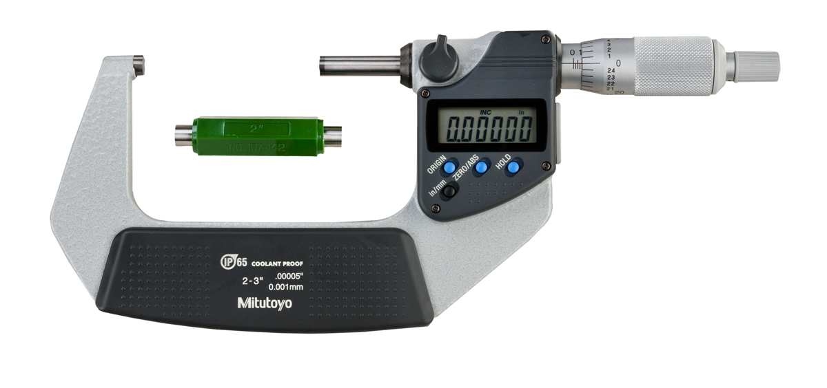 Mitutoyo, 293-332-30, 2-3 In/50.8-76.2mm, .00005 In/0.001mm IP65 Digimatic Outside Micrometer, With SPC Data Output, Ratchet Stop, With Standard