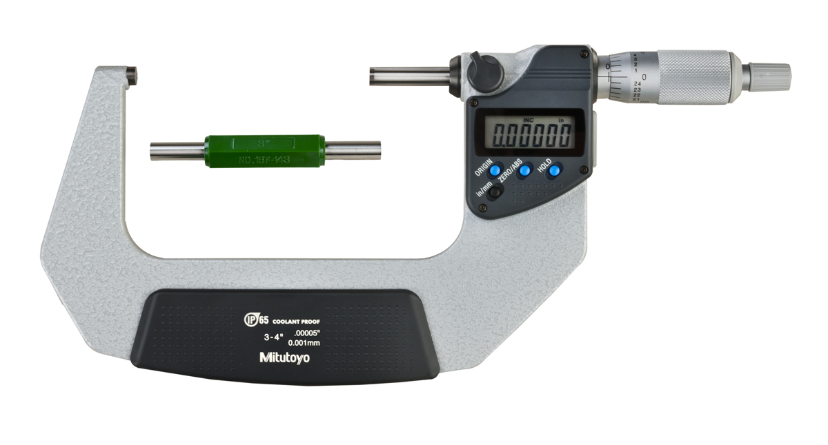 Mitutoyo, 293-333-30, 3-4 In/76.2-101.6mm, .00005 In/0.001mm IP65 Digimatic Outside Micrometer, With SPC Data Output, Ratchet Stop, With Standard
