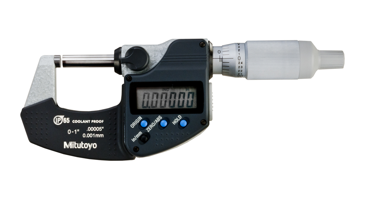 Mitutoyo, 293-334-30, 0-1 In/0-25.4mm, .00005 In/0.001mm IP65 Digimatic Outside Micrometer, With SPC Data Output, Ratchet Thimble