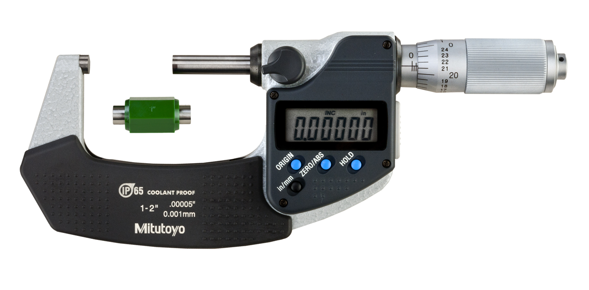Mitutoyo, 293-336-30, 1-2 In/25.4-50.8mm, .00005 In/0.001mm IP65 Digimatic Outside Micrometer, With SPC Data Output, Friction, With Standard