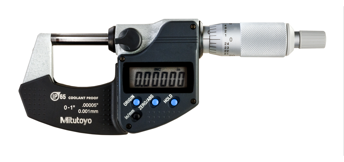 Mitutoyo, 293-340-30, 0-1 In/0-25.4mm, .00005 In/0.001mm IP65 Digimatic Outside Micrometer, No Output, Ratchet Stop
