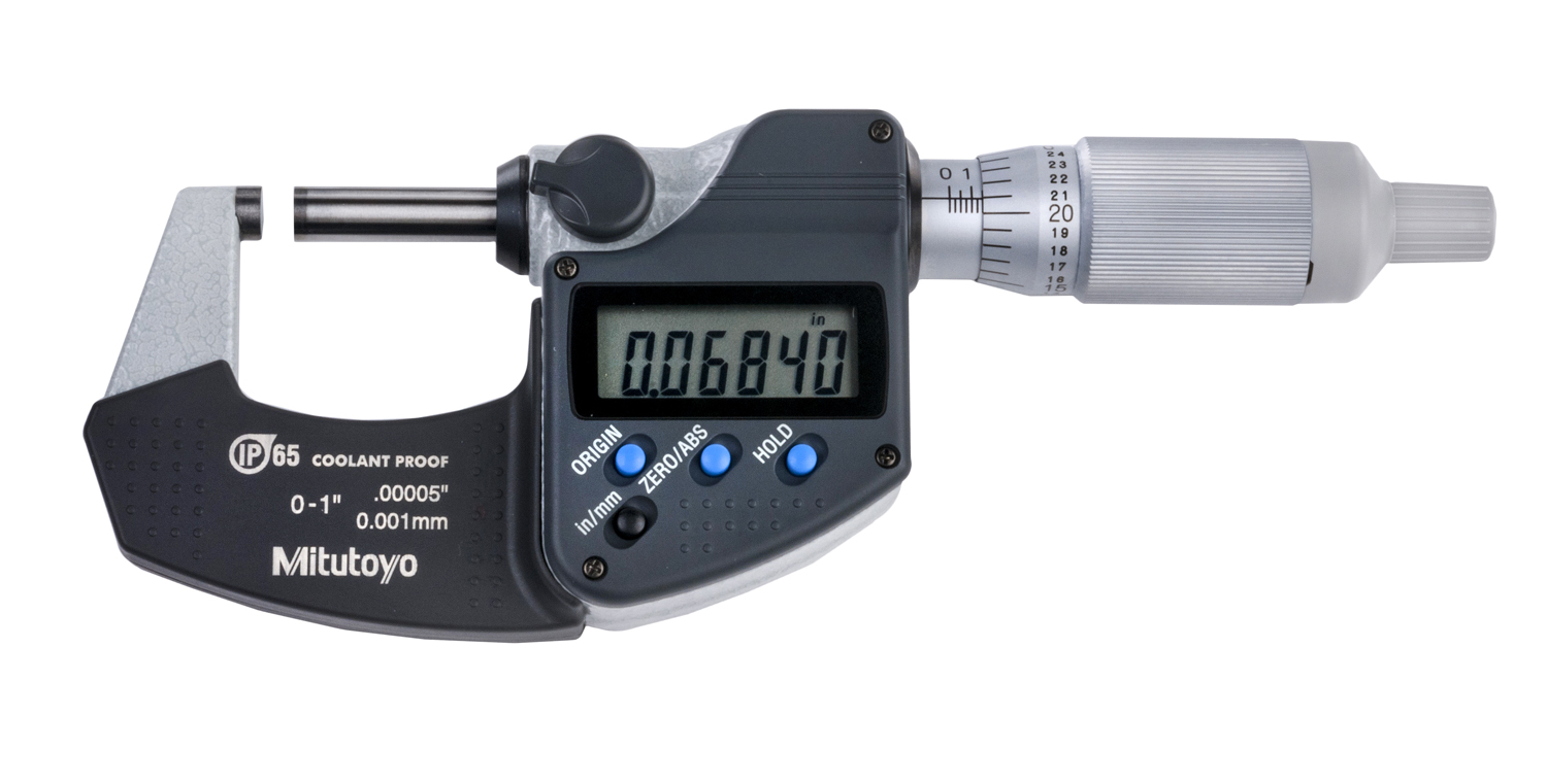 Mitutoyo, 293-344-30, 0-1 In/0-25.4mm, .00005 In/0.001mm IP65 Digimatic Outside Micrometer, No Output, Ratchet Thimble