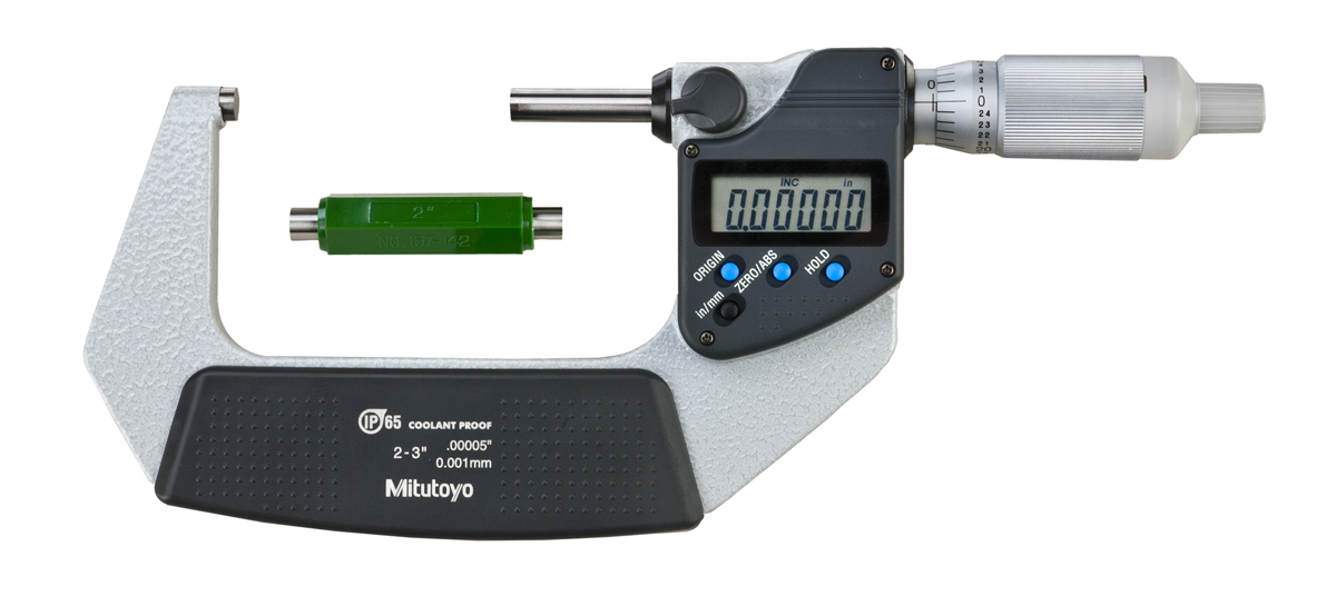Mitutoyo, 293-346-30, 2-3 In/50.8-76.2mm, .00005 In/0.001mm IP65 Digimatic Outside Micrometer, No Output, Ratchet Thimble, With Standard
