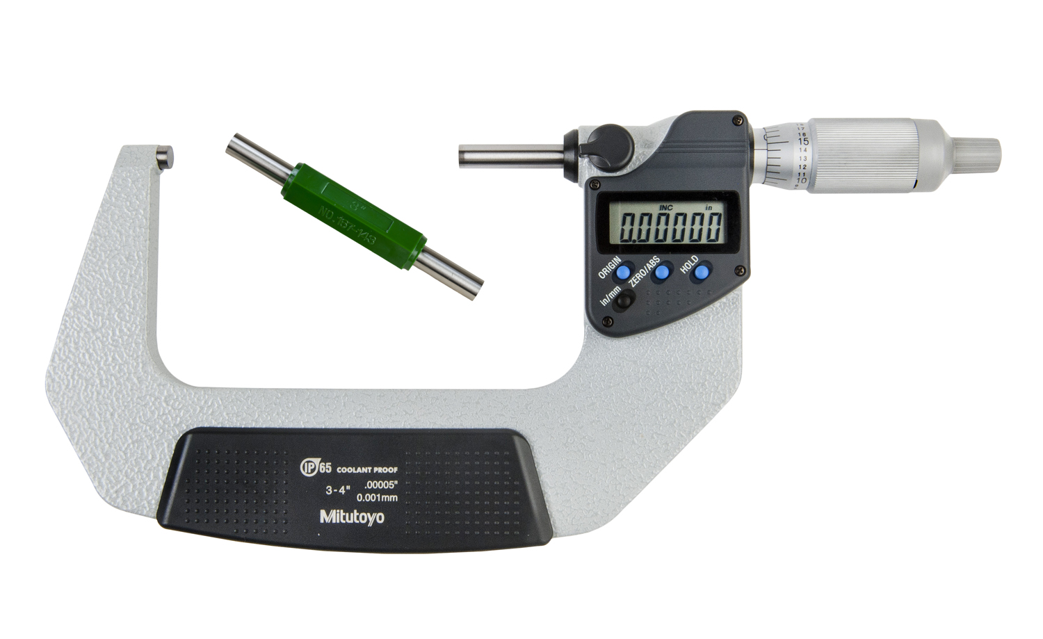Mitutoyo, 293-347-30, 3-4 In/76.2-101.6mm, .00005 In/0.001mm IP65 Digimatic Outside Micrometer, No Output, Ratchet Thimble, With Standard