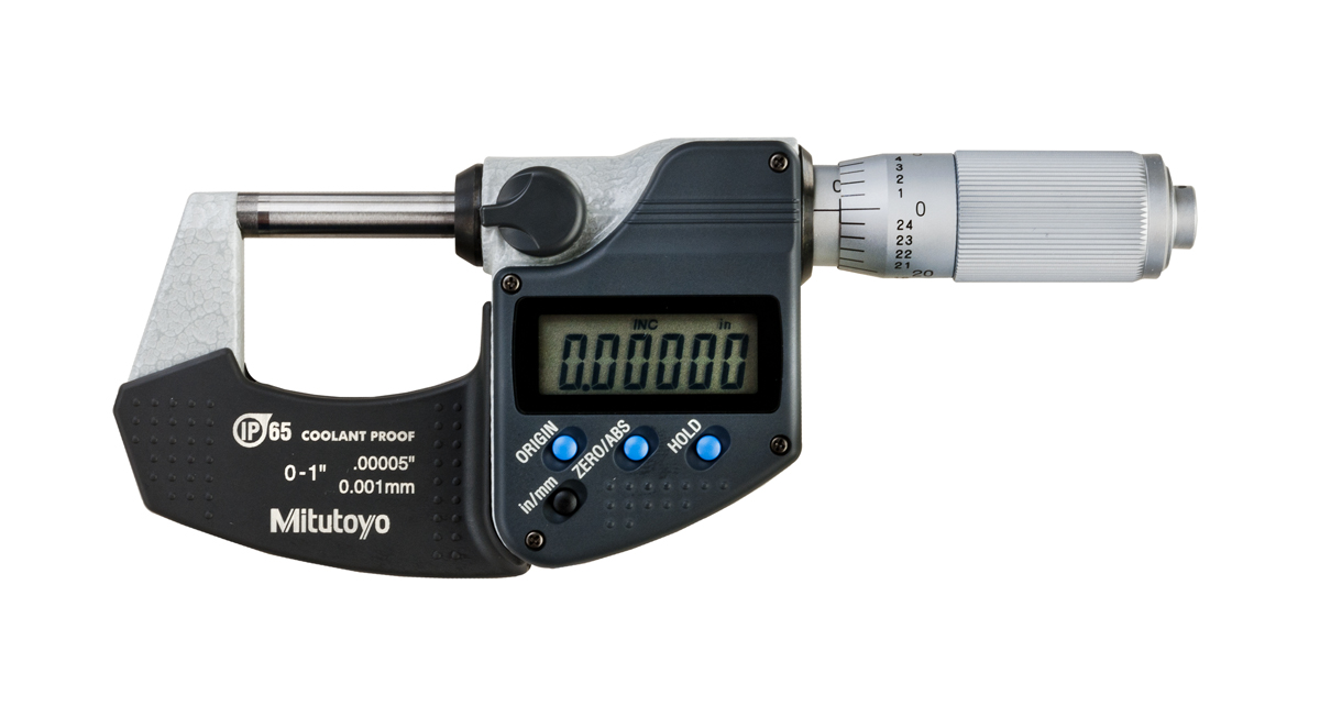 Mitutoyo, 293-348-30, 0-1 In/0-25.4mm, .00005 In/0.001mm IP65 Digimatic Outside Micrometer, No Output, Friction Thimble