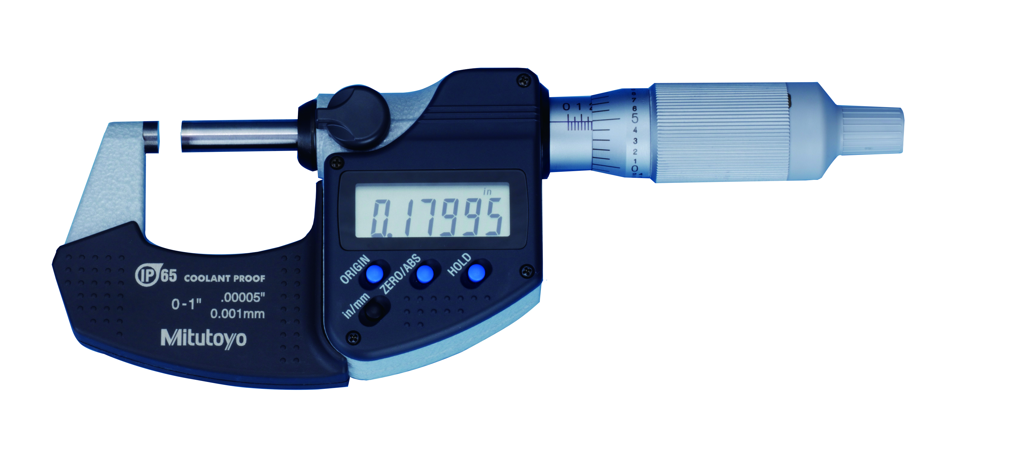 Mitutoyo, 293-349-30, 0-1 In/0-25.4mm, .0001 In/0.001mm IP65 Digimatic Outside Micrometer, No Output, Ratchet Thimble