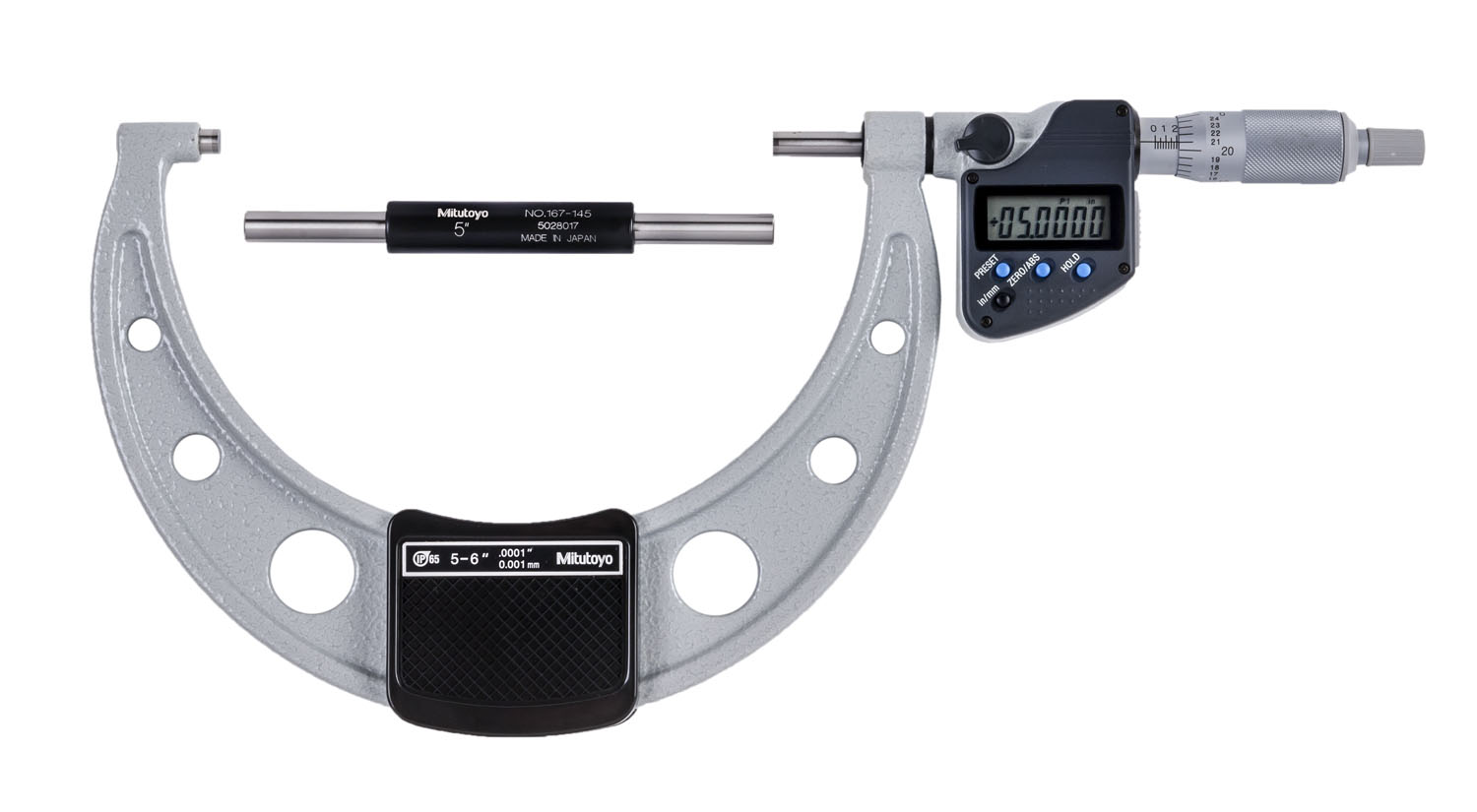 Mitutoyo, 293-351-30, 5-6 In/127-152.4mm, .0001 In/0.001mm IP65 Digimatic Outside Micrometer, With SPC Data Output, Ratchet Stop, With Standard