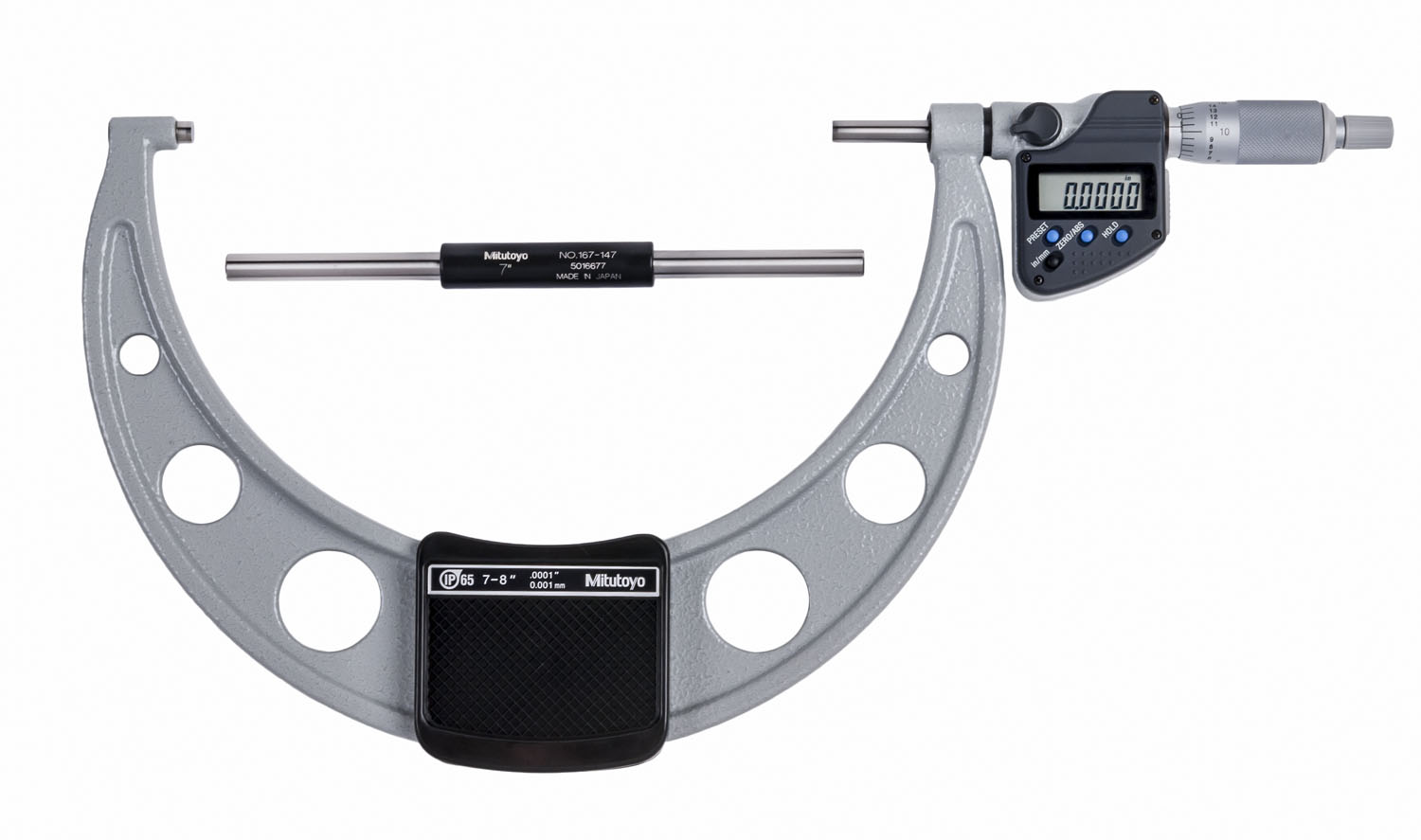 Mitutoyo, 293-353-30, 7-8 In/177.8-203.2mm, .0001 In/0.001mm IP65 Digimatic Outside Micrometer, With SPC Data Output, Ratchet Stop, With Standard