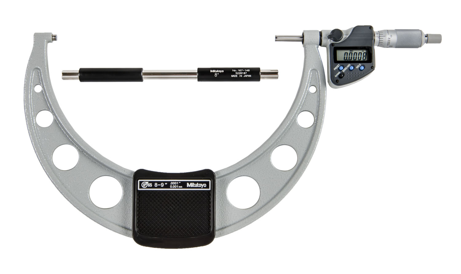 Mitutoyo, 293-354-30, 8-9 In/203.2-228.6mm, .0001 In/0.001mm IP65 Digimatic Outside Micrometer, With SPC Data Output, Ratchet Stop, With Standard