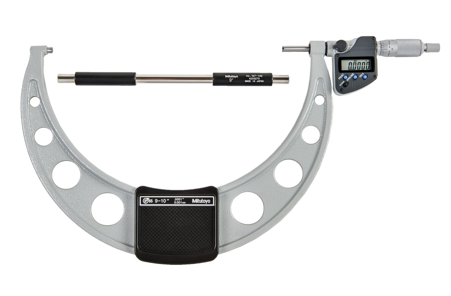 Mitutoyo, 293-355-30, 9-10 In/228.6-254mm, .0001 In/0.001mm IP65 Digimatic Outside Micrometer, With SPC Data Output, Ratchet Stop, With Standard