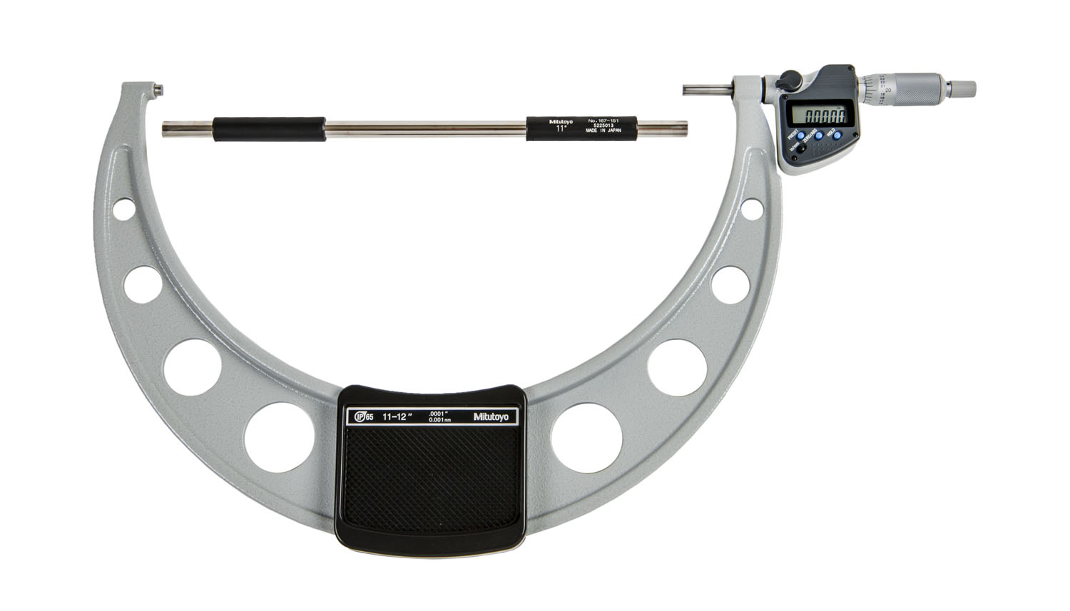 Mitutoyo, 293-357-30, 11-12 In/279.4-304.8mm, .0001 In/0.001mm IP65 Digimatic Outside Micrometer, With SPC Data Output, Ratchet Stop, With Standard
