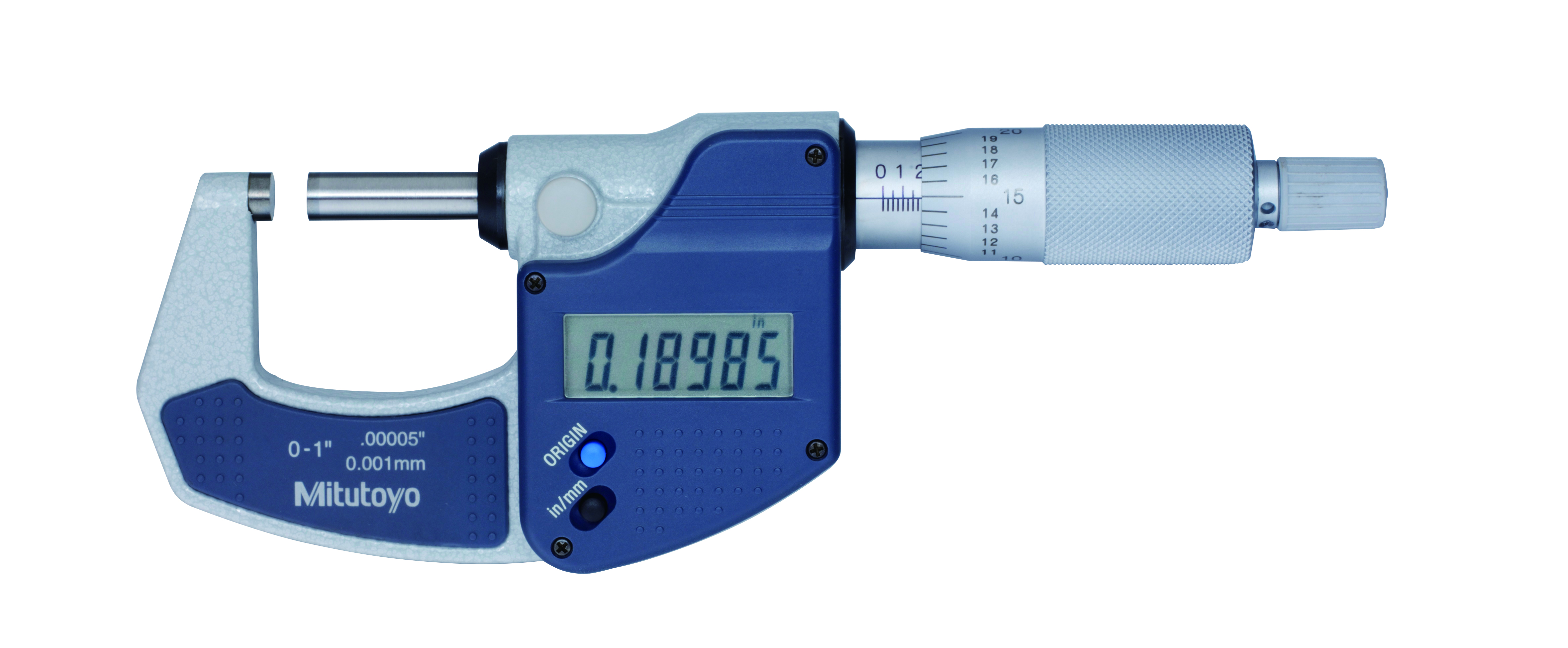 Mitutoyo, 293-831-30, 0-1 In/0-25.4mm,  .00005 In/0.001mm Digimatic Lite Outside Micrometer, No Spindle Clamp, No Output, Ratchet Stop