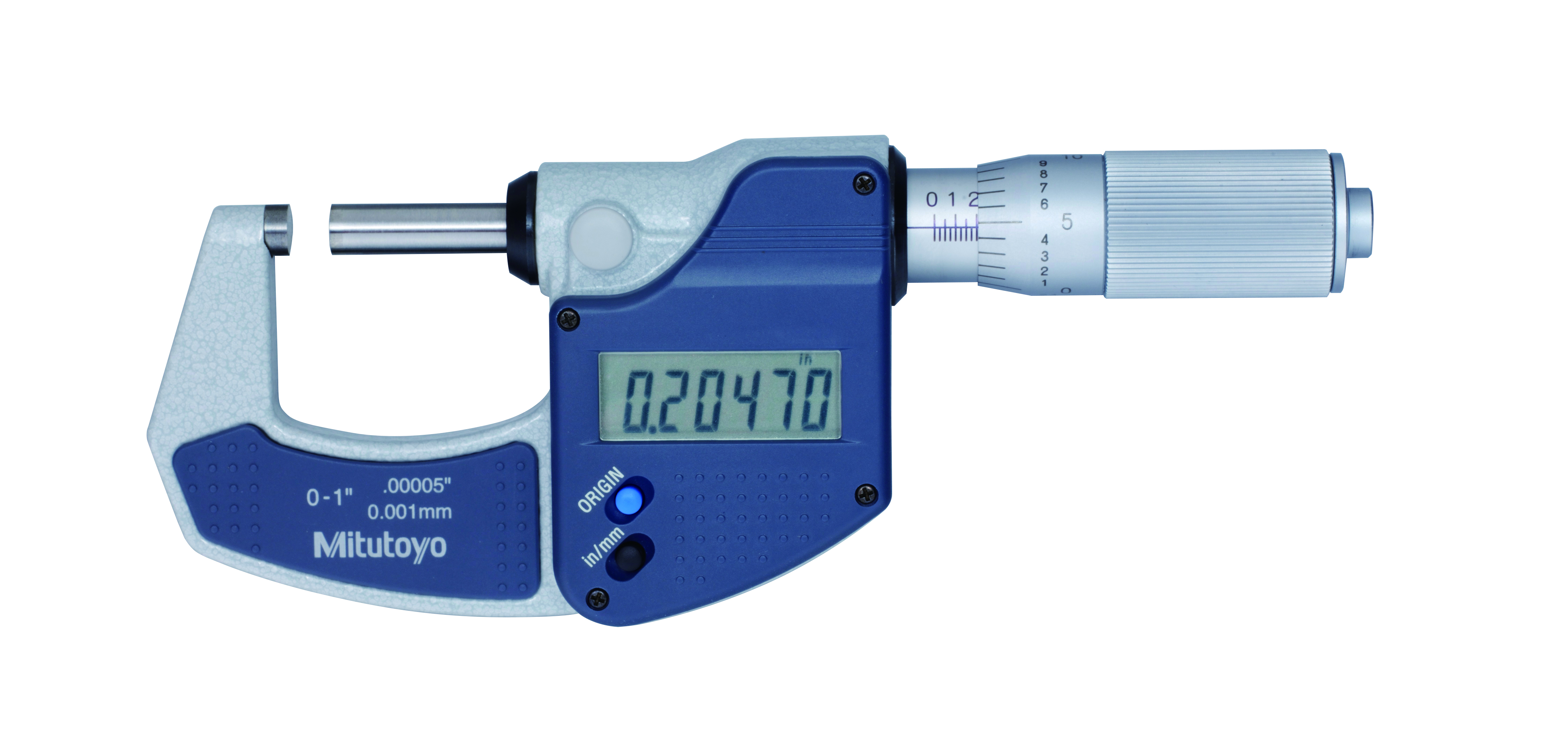 Mitutoyo, 293-832-30, 0-1 In/0-25.4mm,  .00005 In/0.001mm Digimatic Lite Outside Micrometer, No Spindle Clamp, No Output, Friction Thimble