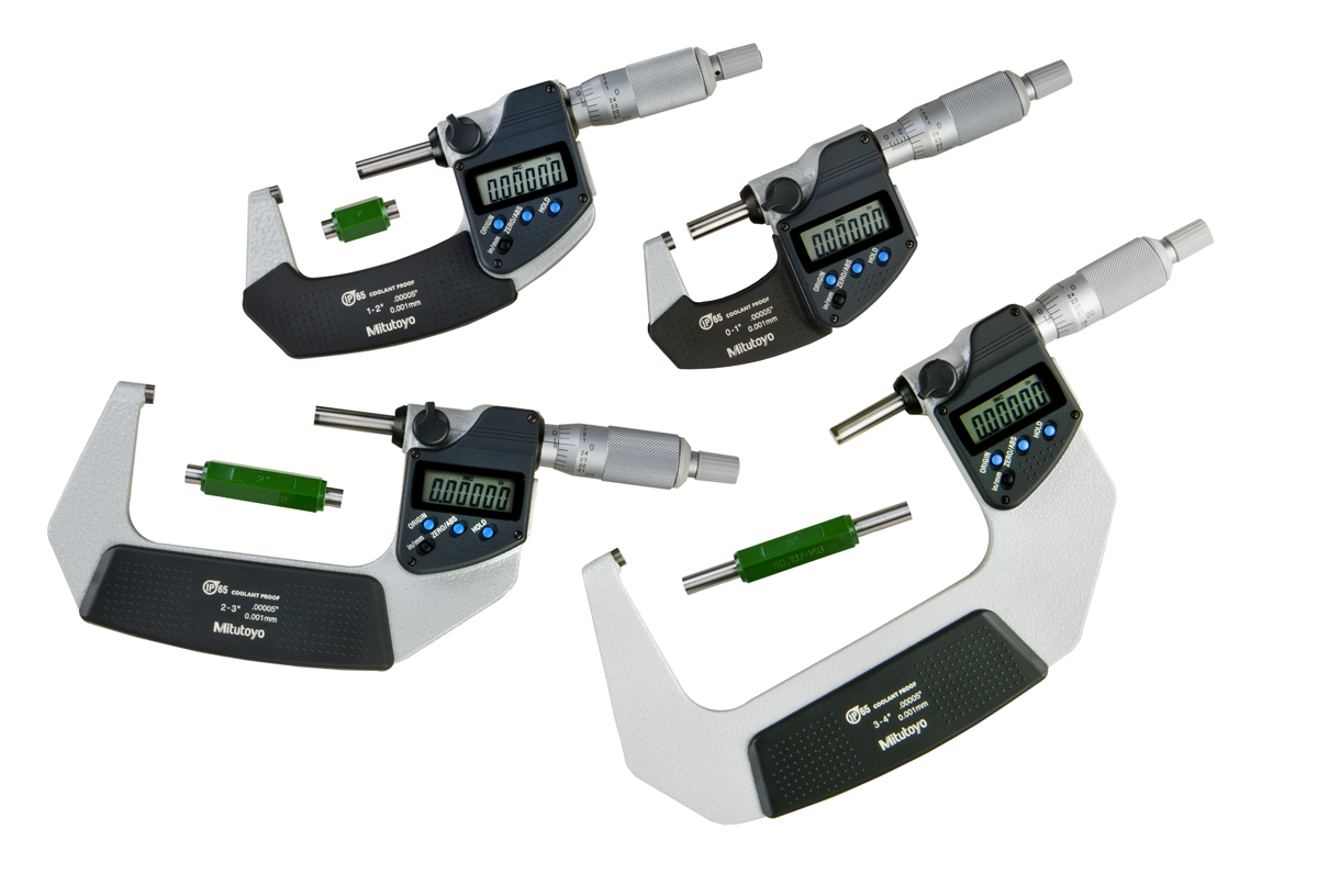 Mitutoyo, 293-961-30, 0-4 In/0-101.6mm, .00005 In/0.001mm, IP65 Digimatic Outside Micrometer Set, 4 Micrometers, 3 Standard Bars, With SPC Data Output, Ratchet Stop