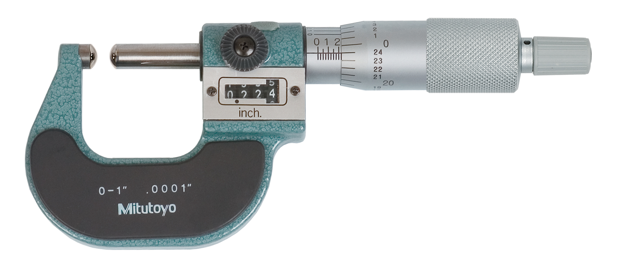 Mitutoyo, 295-253, 0-1 In, .0001 In, Digit Counter Spherical Face Micrometer, Carbide Steel Tip, Spherical Anvil Spherical Spindle, .40 In Max Inside Diameter, Ratchet Stop