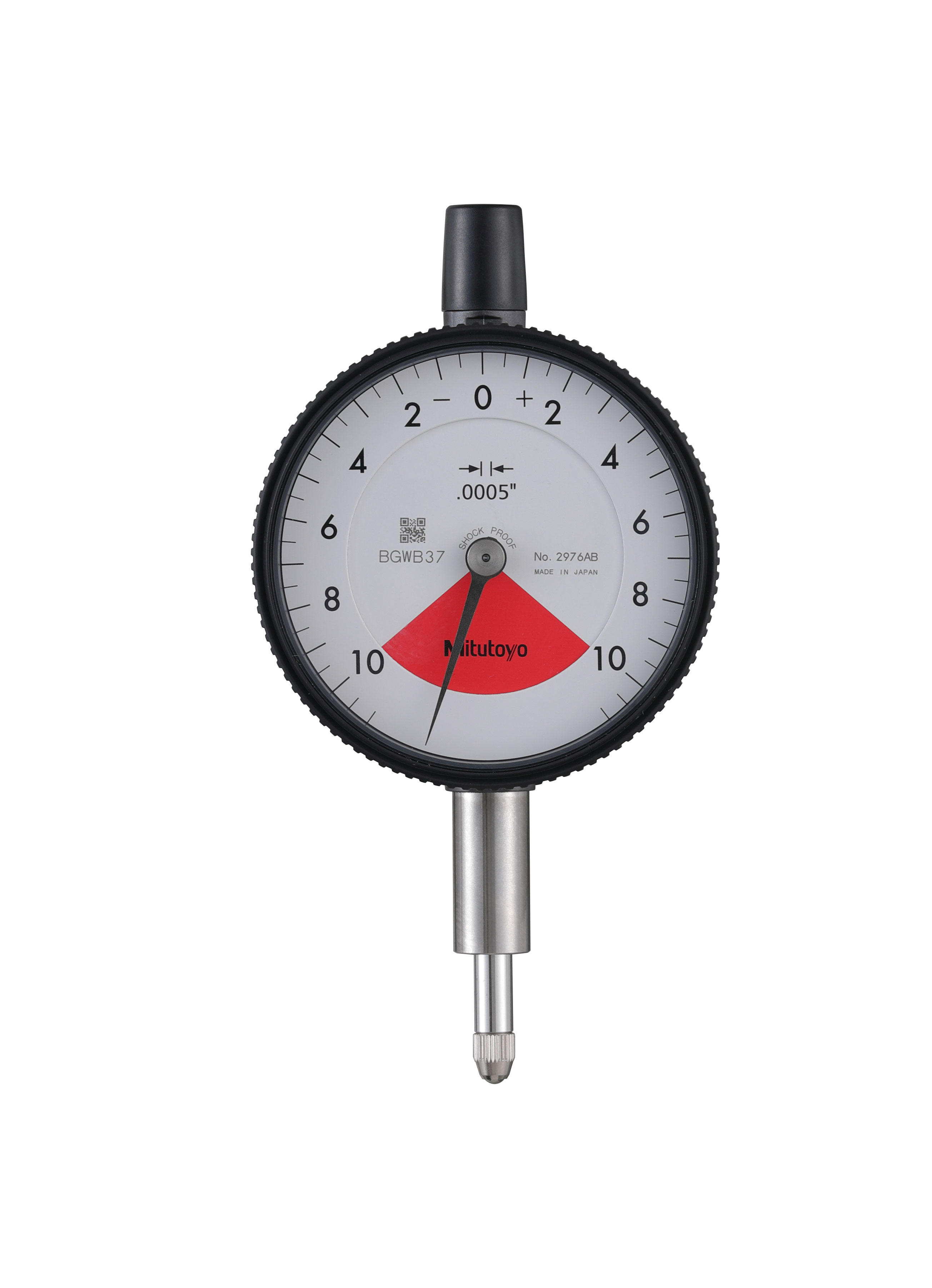 Mitutoyo, 2976AB, .0005 In, .02 In/.028 In  Dial Indicator, 10-0-10, Flat Back, 3/8 In stem , Series 2, One Rev, Shockproof, Dustproof