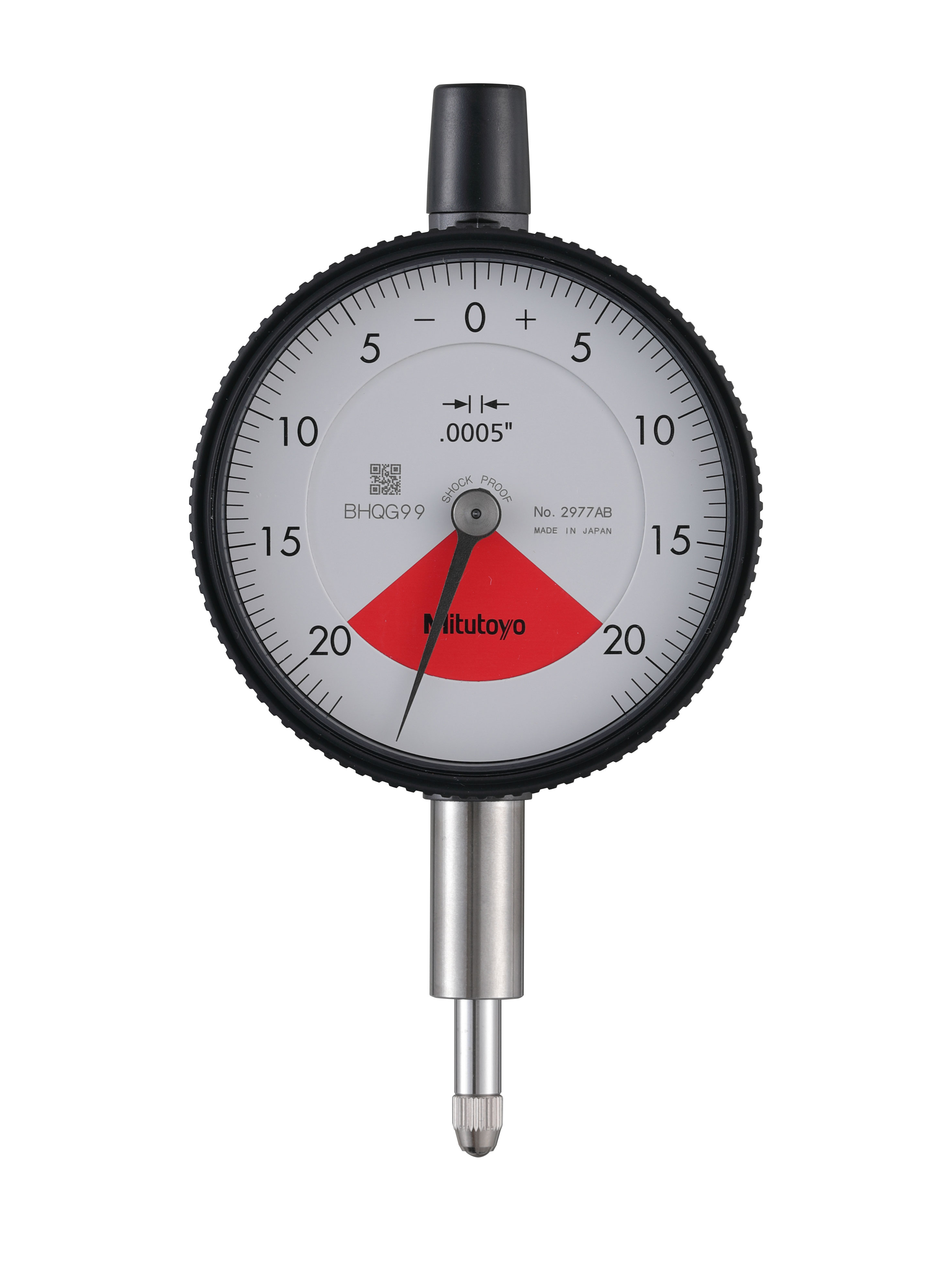 Mitutoyo, 2977AB, .0005 In, .04 In/.055 In  Dial Indicator, 20-0-20, Flat Back, 3/8 In stem , Series 2, One Rev, Shockproof, Dustproof