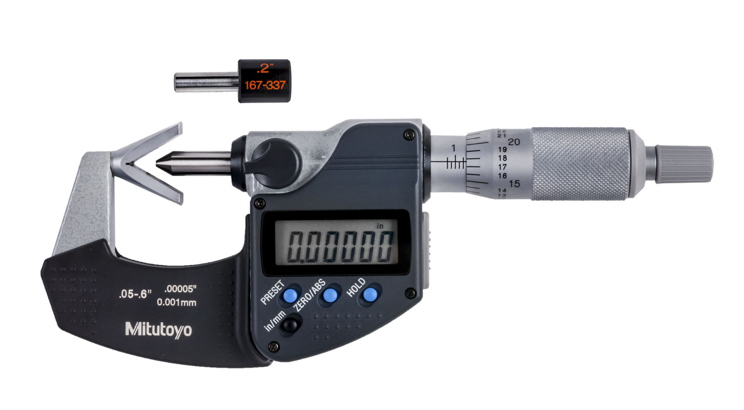 Mitutoyo, 314-361-30, MICROMETER, V-ANVIL, 3-FLUTE, .05-.6 In, .00005 In/0.001MM