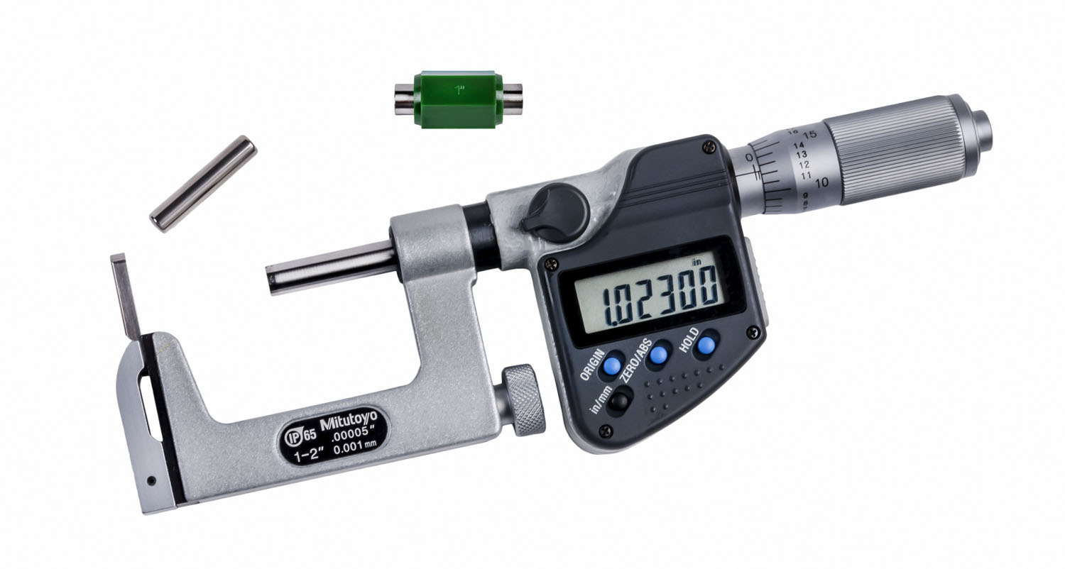 Mitutoyo, 317-352-30, 1-2 In/25.4-50.8mm, .00005 In/0.001mm IP65 Uni-Mike Digimatic Interchangeable Anvil Micrometer, With SPC Data Output, Friction Thimble, Flat and Rod Anvils Included, With Standard