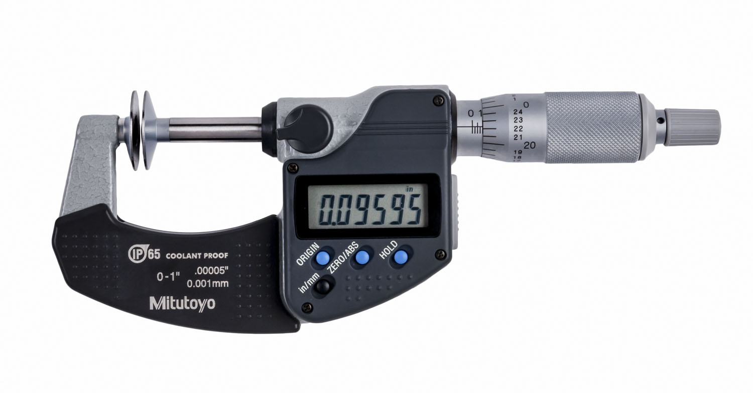Mitutoyo, 323-350-30, 0-1 In/0-25.4mm, .00005 In/0.001mm IP65 Digimatic Disk Micrometer, .787 In/20mm Diameter .028 In/0.7mm Edge Thickness Disk, With SPC Data Output, Ratchet Stop