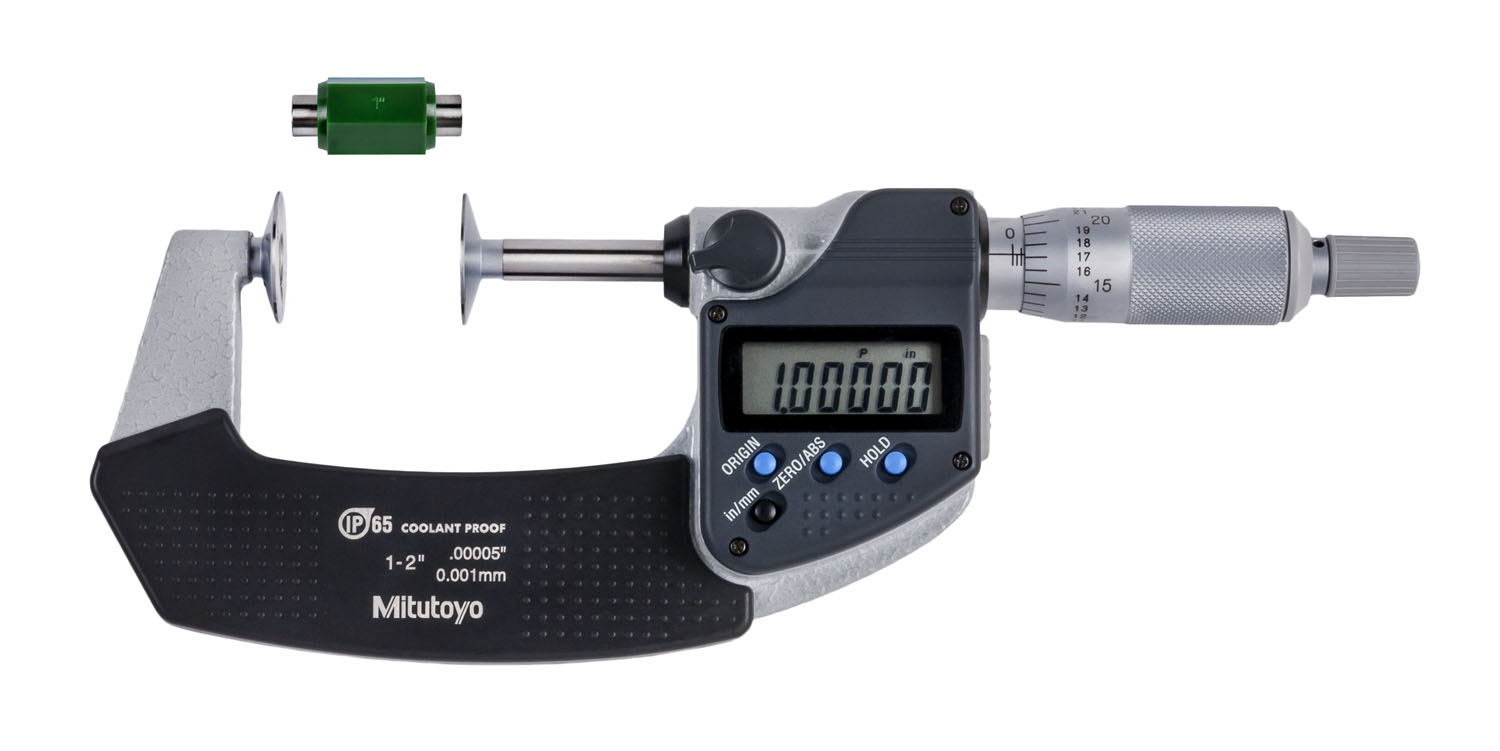 Mitutoyo, 323-351-30, 1-2 In/25.4-50.8mm, .00005 In/0.001mm IP65 Digimatic Disk Micrometer, .787 In/20mm Diameter .028 In/0.7mm Edge Thickness Disk, With SPC Data Output, Ratchet Stop, With Standard