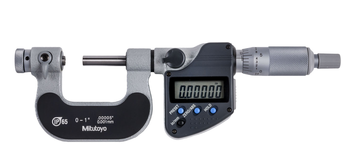 Mitutoyo, 326-351-30, 0-1 In/0-25.4mm, .00005 In/0.001mm IP65 Digimatic Screw Thread Micrometer, With SPC Data Output, Ratchet Stop, Optional Anvils Available