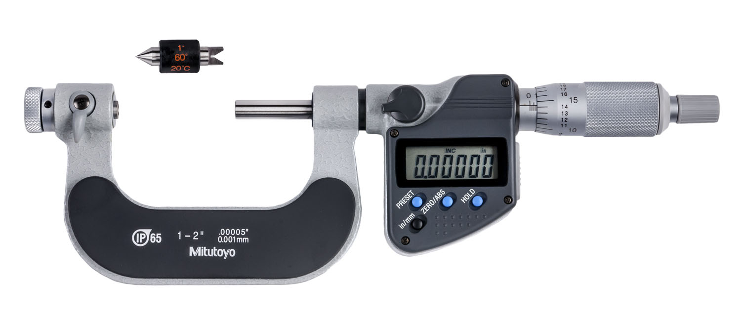 Mitutoyo, 326-352-30, 1-2 In/25.4-50.8mm, .00005 In/0.001mm IP65 Digimatic Screw Thread Micrometer, With SPC Data Output, Ratchet Stop, With Standard, Optional Anvils Available