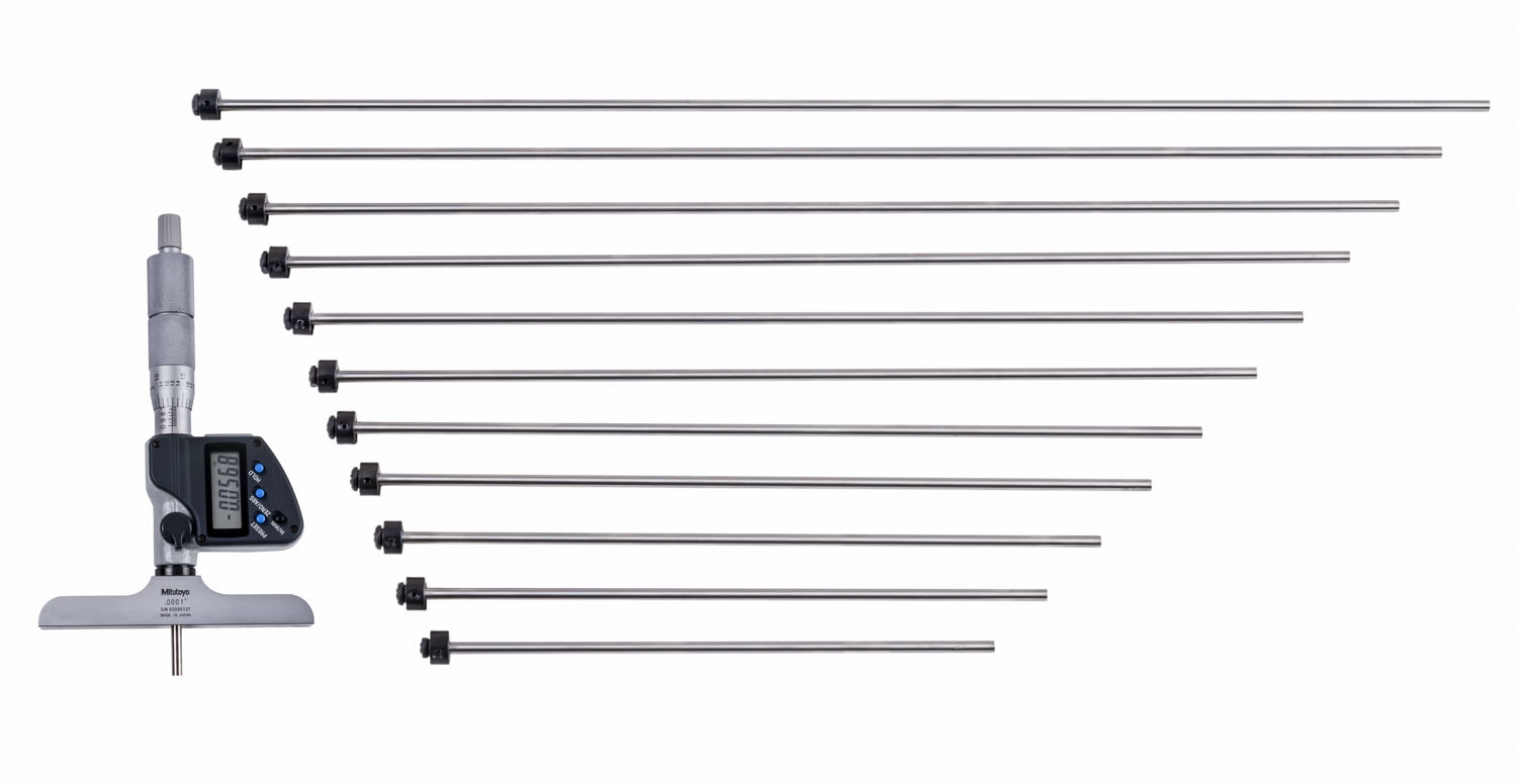 Mitutoyo, 329-351-30, 0-12 In/0-304.8, .00005 In/0.001mm Digimatic Depth Micrometer, 12 interchangeable rods (1 In/25.4mm increments), Rod Clamp, 4 In Base, With SPC Data Output, Ratchet Stop