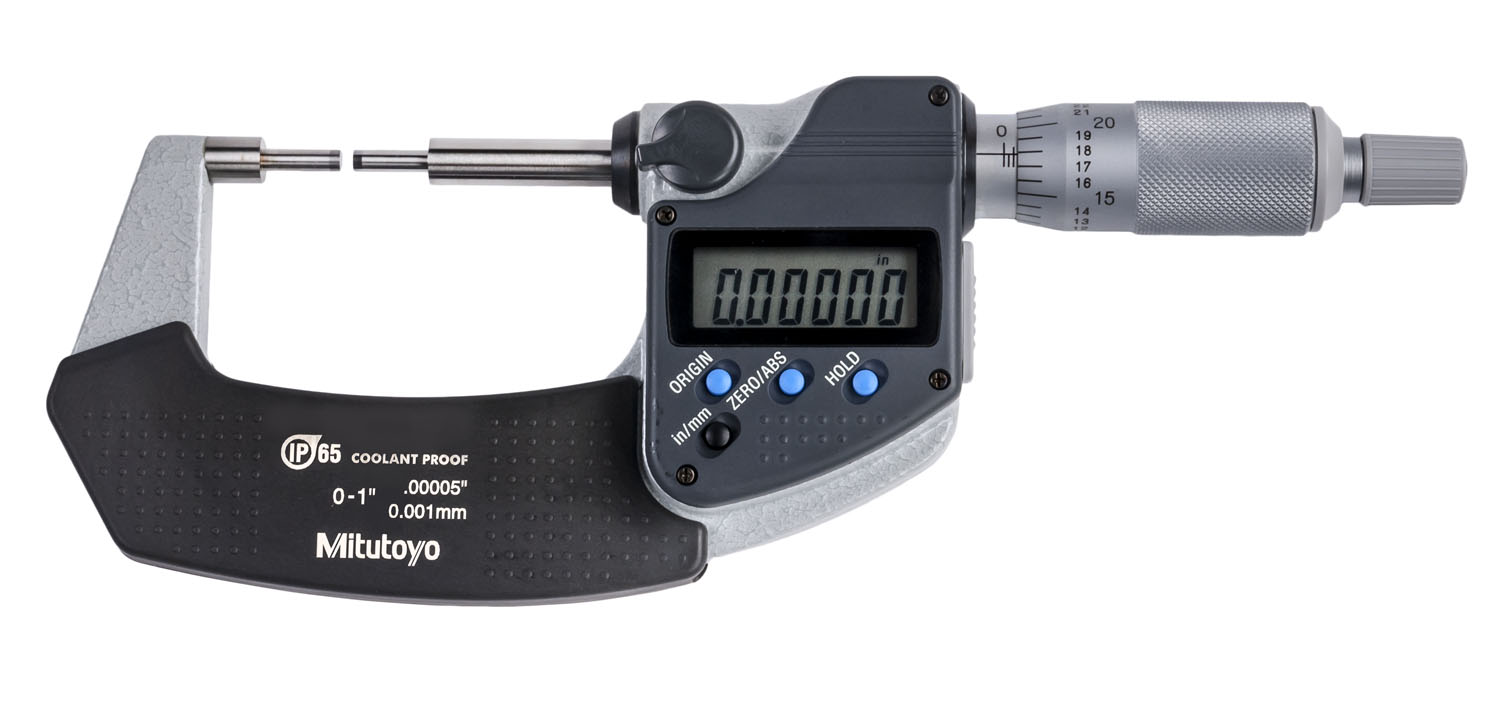 Mitutoyo, 331-351-30, 0-1 In/0-25.4mm, .00005 In/0.001mm Digimatic Spline Micrometer, 3mm Diameter Spline, Carbide Steel Tip, With SPC Data Output, Ratchet Stop