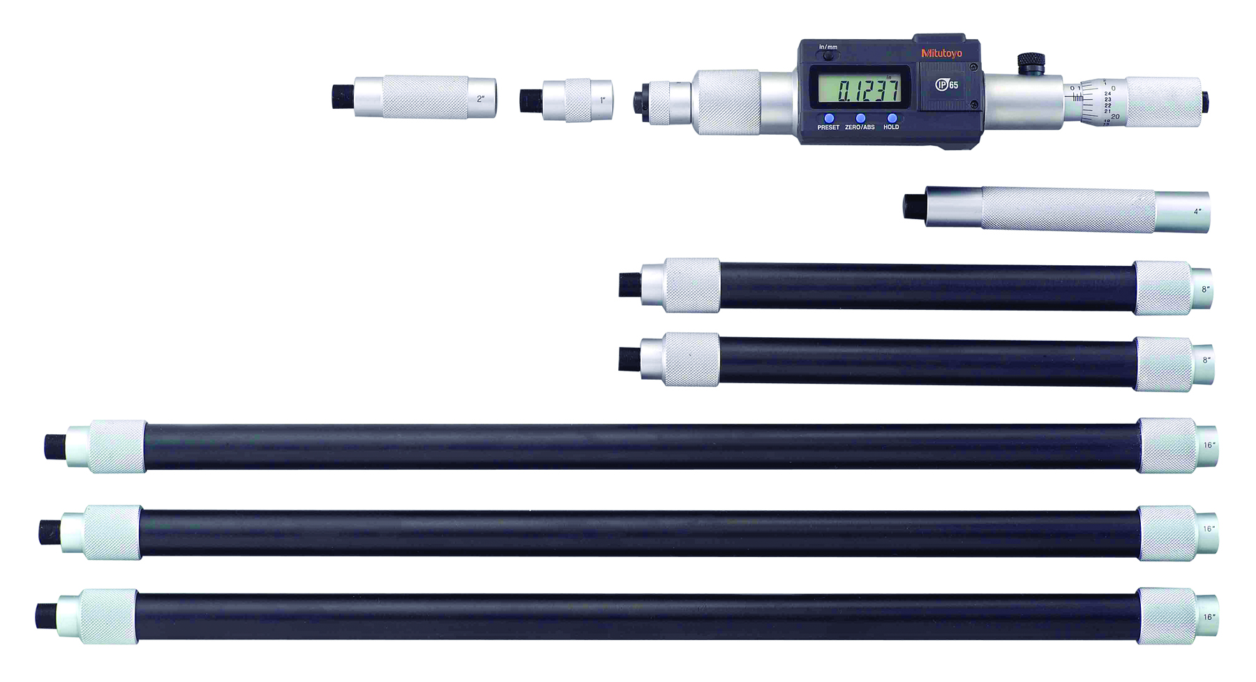 Mitutoyo, 339-304, DIGIMATIC TUBULAR INSIDE MICROMETER, EXTENSION PIPE TYPE IMJ  8-80 In/203-2-2000MM  MJ  WITH 9 EXTENSIONS