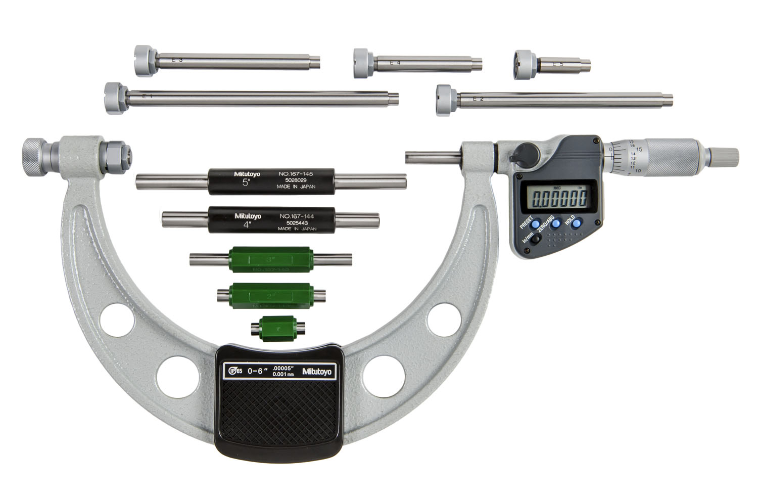 Mitutoyo, 340-351-30, 0-6 In/0-152.4mm, .00005 In/0.001mm IP65 Digimatic Interchangeable Anvil Micrometer, With 6 Anvils and 5 Standards, With SPC Data Output, Ratchet Stop