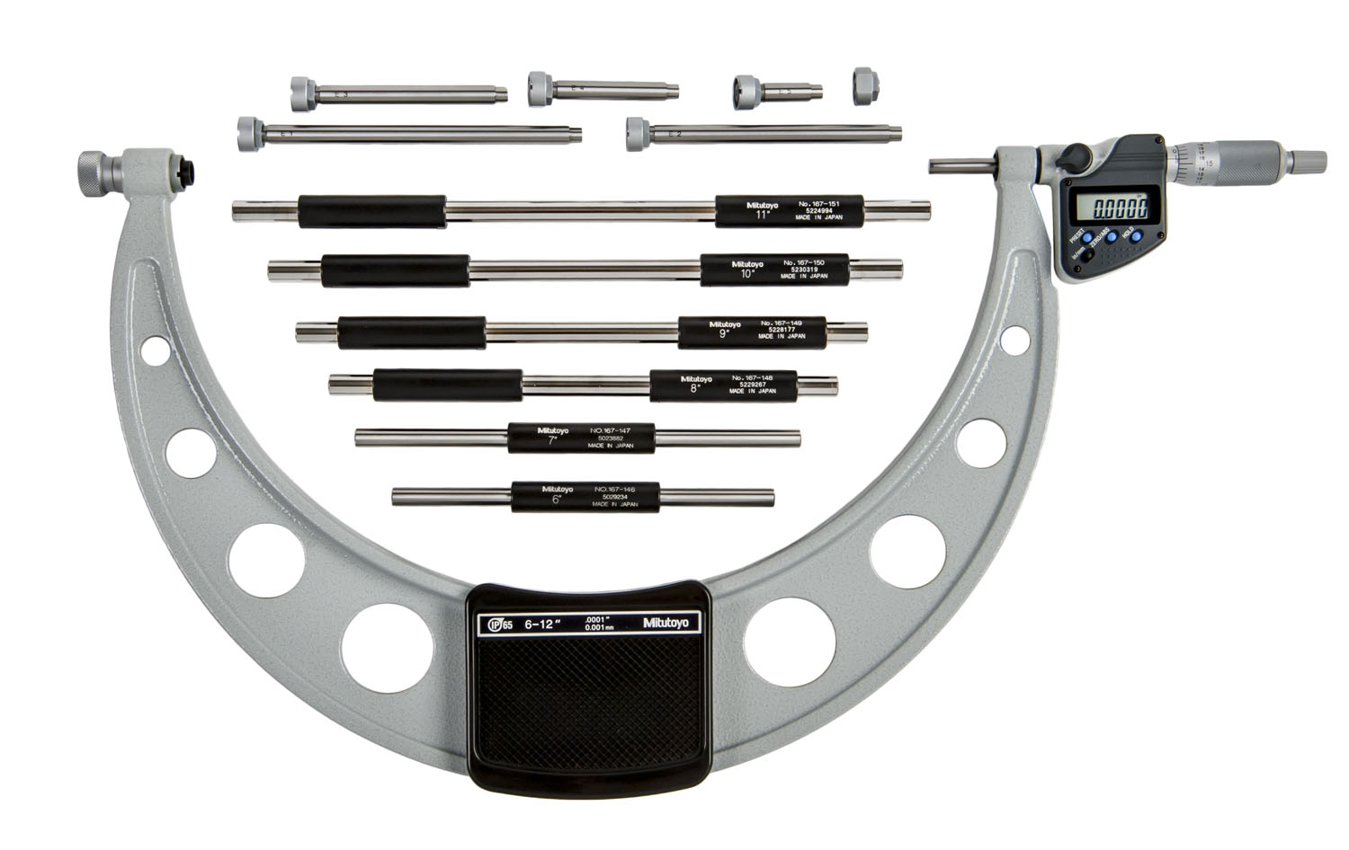 Mitutoyo, 340-352-30, 6-12 In/152.4-304.8mm, .00005 In/0.001mm IP65 Digimatic Interchangeable Anvil Micrometer, With 6 Anvils and 6 Standards, With SPC Data Output, Ratchet Stop