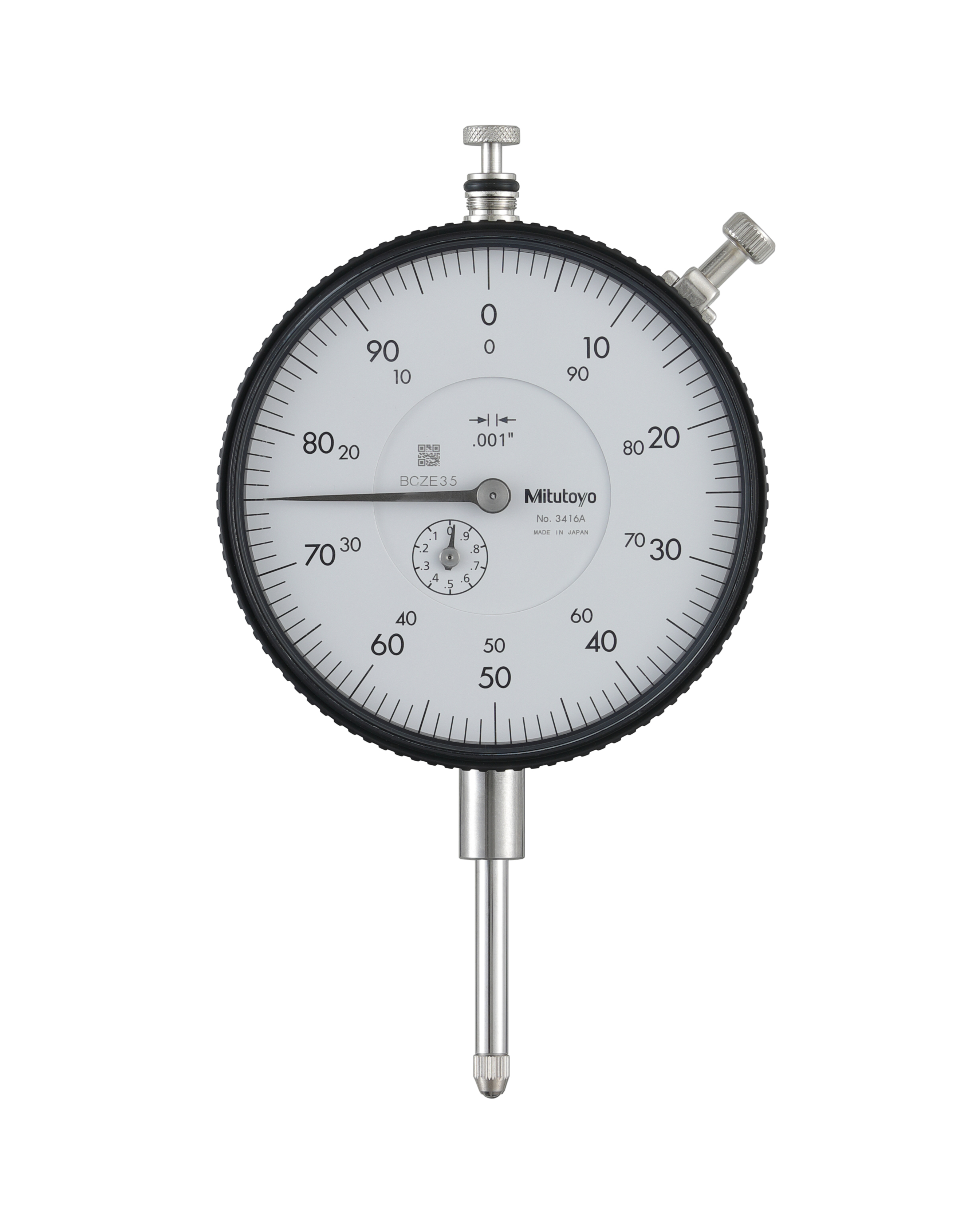 Mitutoyo, 3416A, .001 In, 1 In/(.1 In per rev), Dial Indicator, 0-100, Lug Back, 3/8 In stem, Series 3
