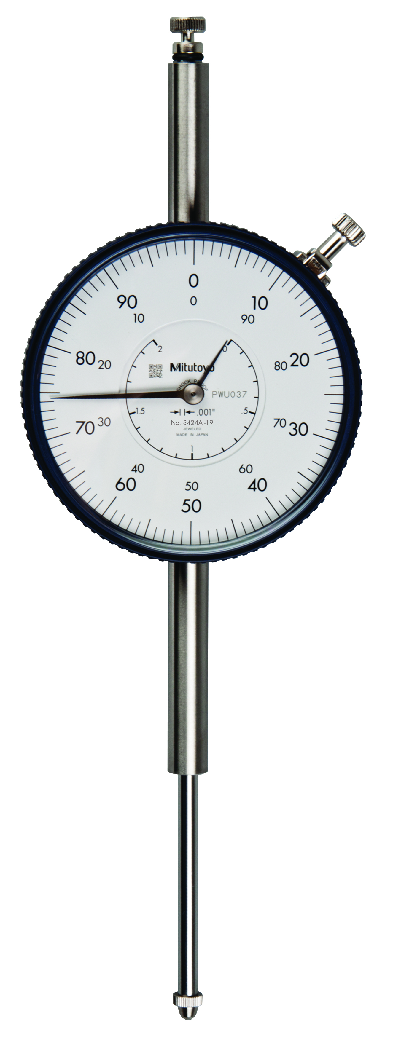 Mitutoyo, 3424A-19, .001 In, 2 In/(.1 In per rev), Dial Indicator, 0-100, Lug Back, 3/8 In stem, Series 3, Shockproof, Jeweled