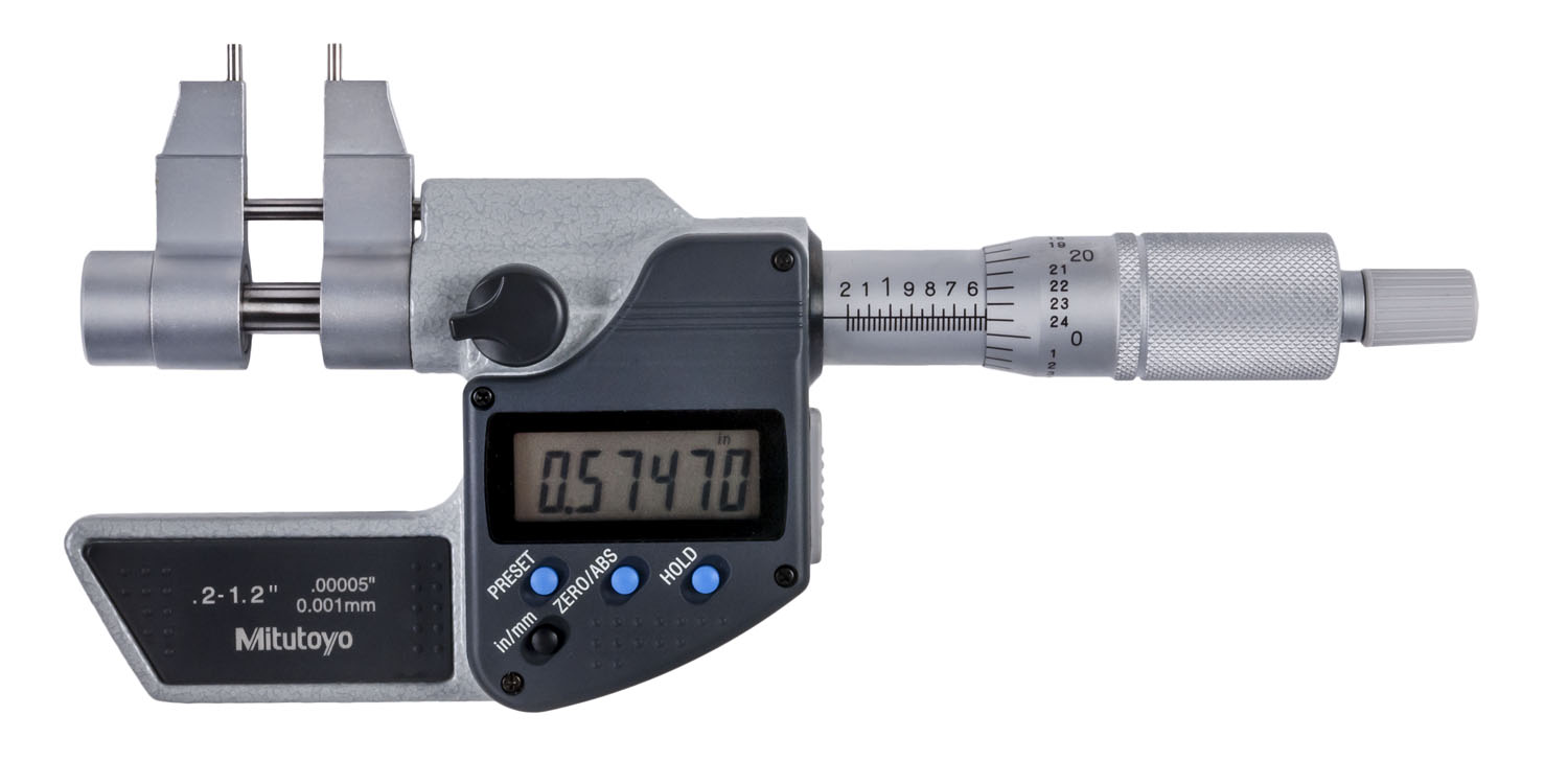 Mitutoyo, 345-350-30, .2-1.2 In/5-30mm, .00005 In/0.001mm Digimatic Caliper Jaw Type Micrometer, Carbide Steel Tip, Locking Clamp, With SPC Data Output, Ratchet Stop