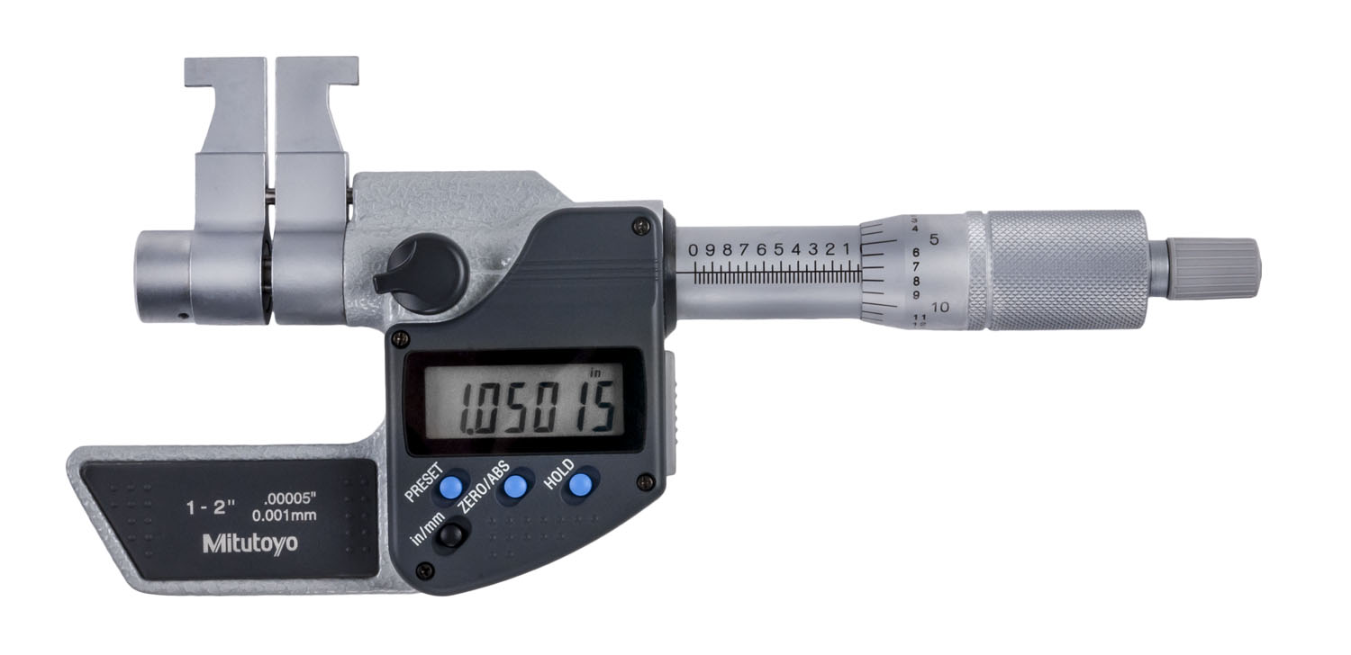Mitutoyo, 345-351-30, 1-2 In/25-50mm, .00005 In/0.001mm Digimatic Caliper Jaw Type Micrometer, Carbide Steel Tip, Locking Clamp, With SPC Data Output, Ratchet Stop