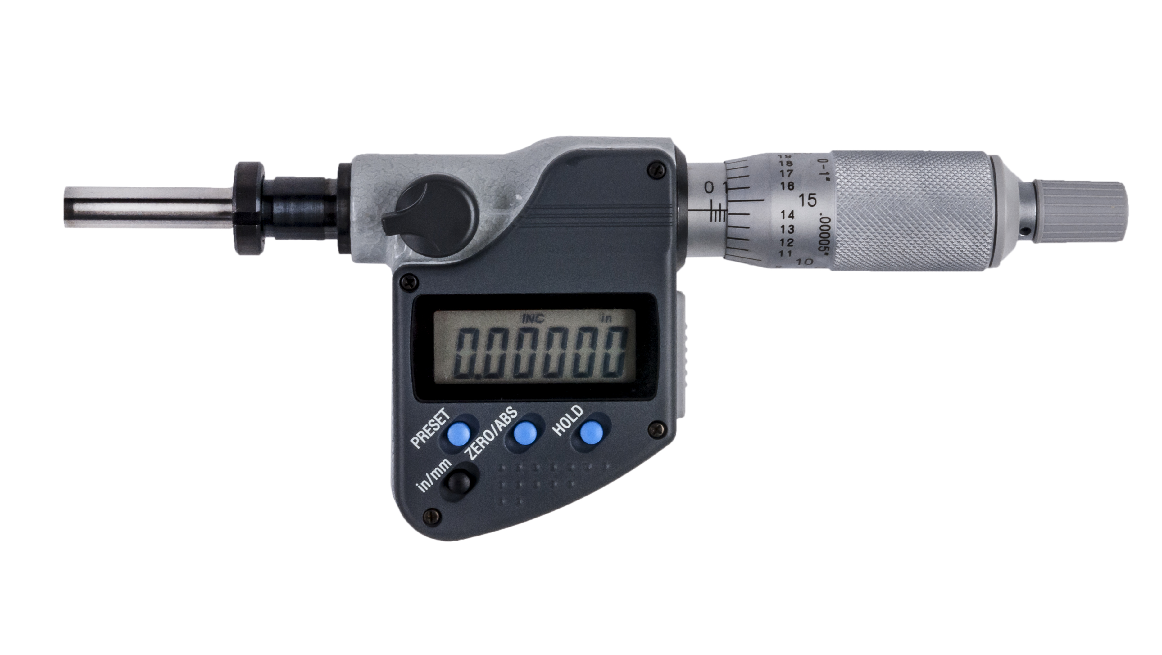 Mitutoyo, 350-352-30, 0-1 In/0-25.4mm, .00005 In/0.001mm, Digimatic Micrometer Head, .375 In Diameter Stem with Clamp Nut, Flat Carbide Tipped Spindle Face, With SPC Data Output, Ratchet Stop