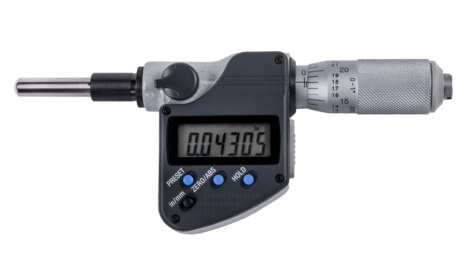 Mitutoyo, 350-357-30, 0-1 In/0-25.4mm, .00005 In/0.001mm, IP65 Digimatic Micrometer Head, .375 In Diameter Plain Stem, Spherical (SR4) Spindle Face, With SPC Data Output
