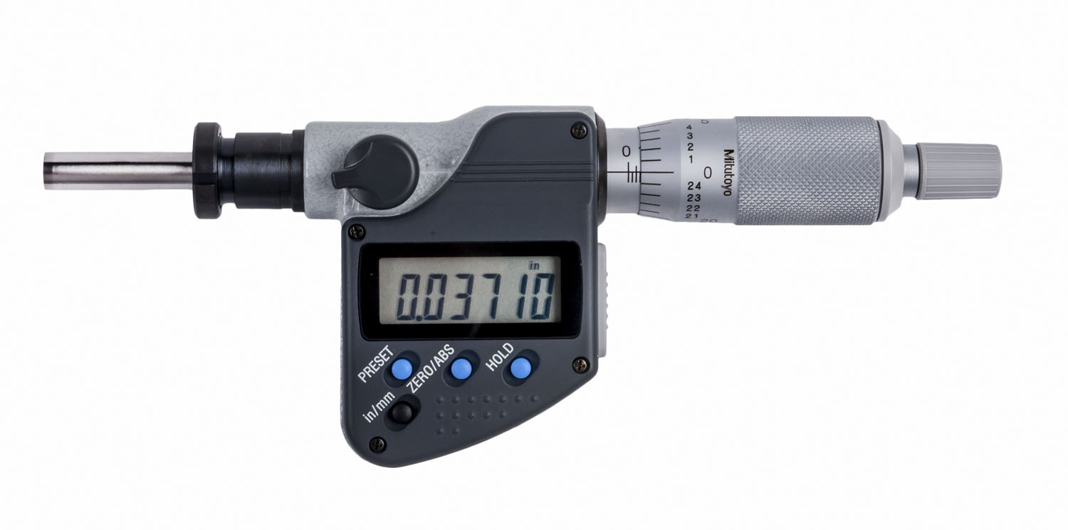Mitutoyo, 350-382-30, 0-1 In/0-25.4mm, .00005 In/0.001mm, IP65 Digimatic Micrometer Head, .5 In Diameter Plain Stem, Flat Carbide Tipped Spindle Face, With SPC Data Output, Ratchet Stop