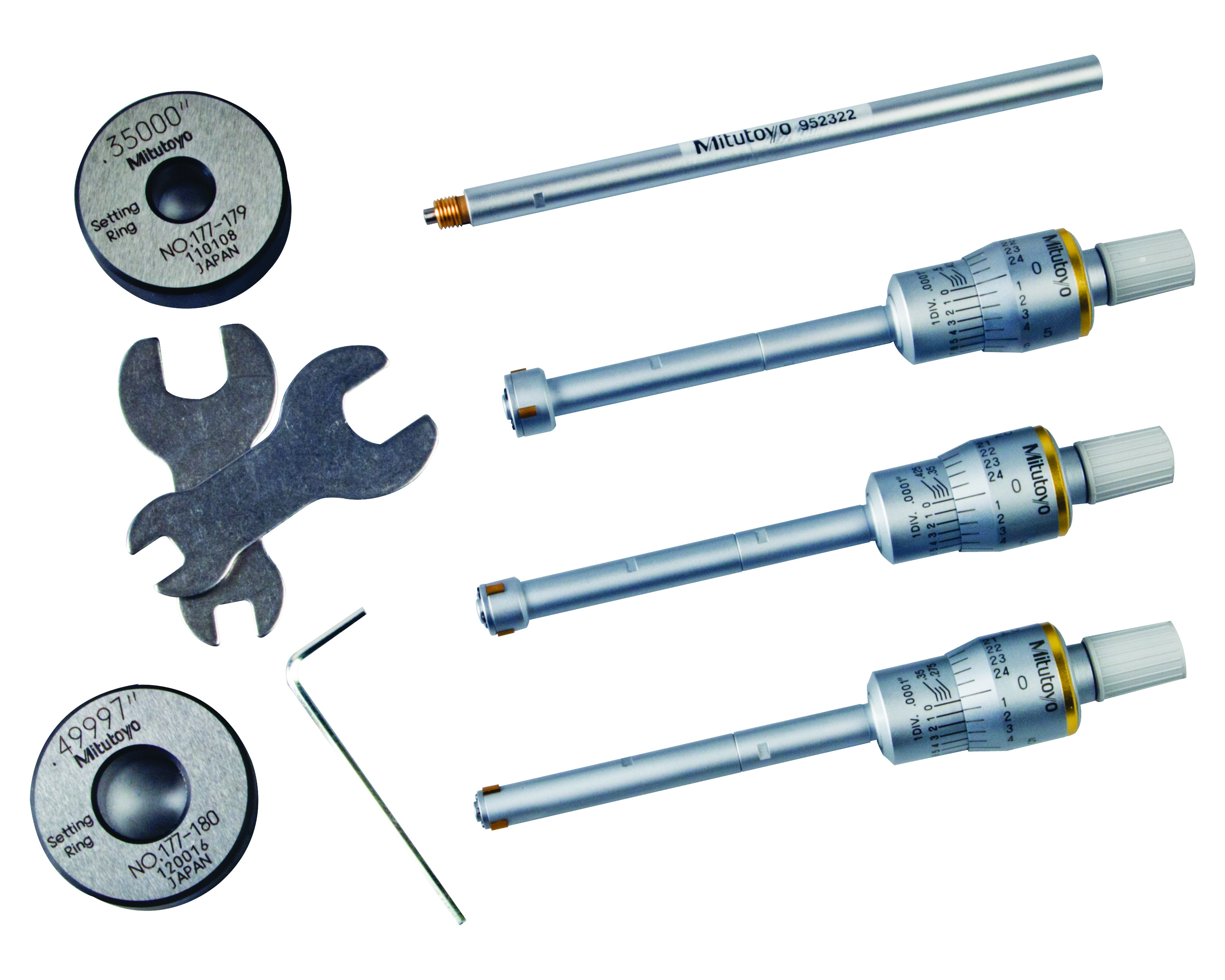 Mitutoyo, 368-916, Holtest, 3-point/2-point internal micrometer, .275-.5 in range, .275-.35 in,.35-.425 in, .425-.5 in individual range, setting rings included (.35 diameter, .5in diameter), with extension rod and TiN-coated contact points