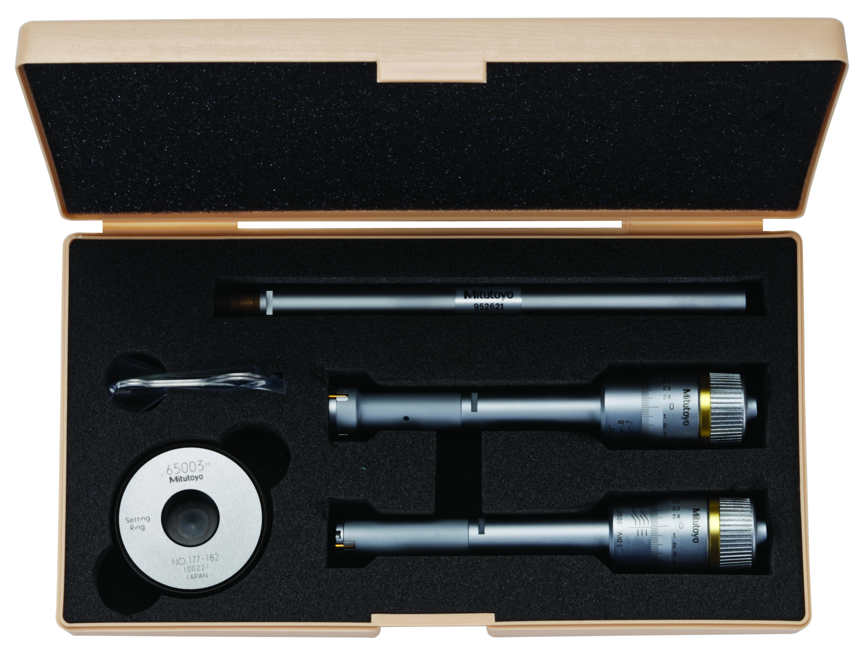Mitutoyo, 368-917, Holtest, 3-point/2-point internal micrometer, .5-.8 in range, .5-.65 in,.65-.8 in, .65in diameter, with extension rod and TiN-coated contact points