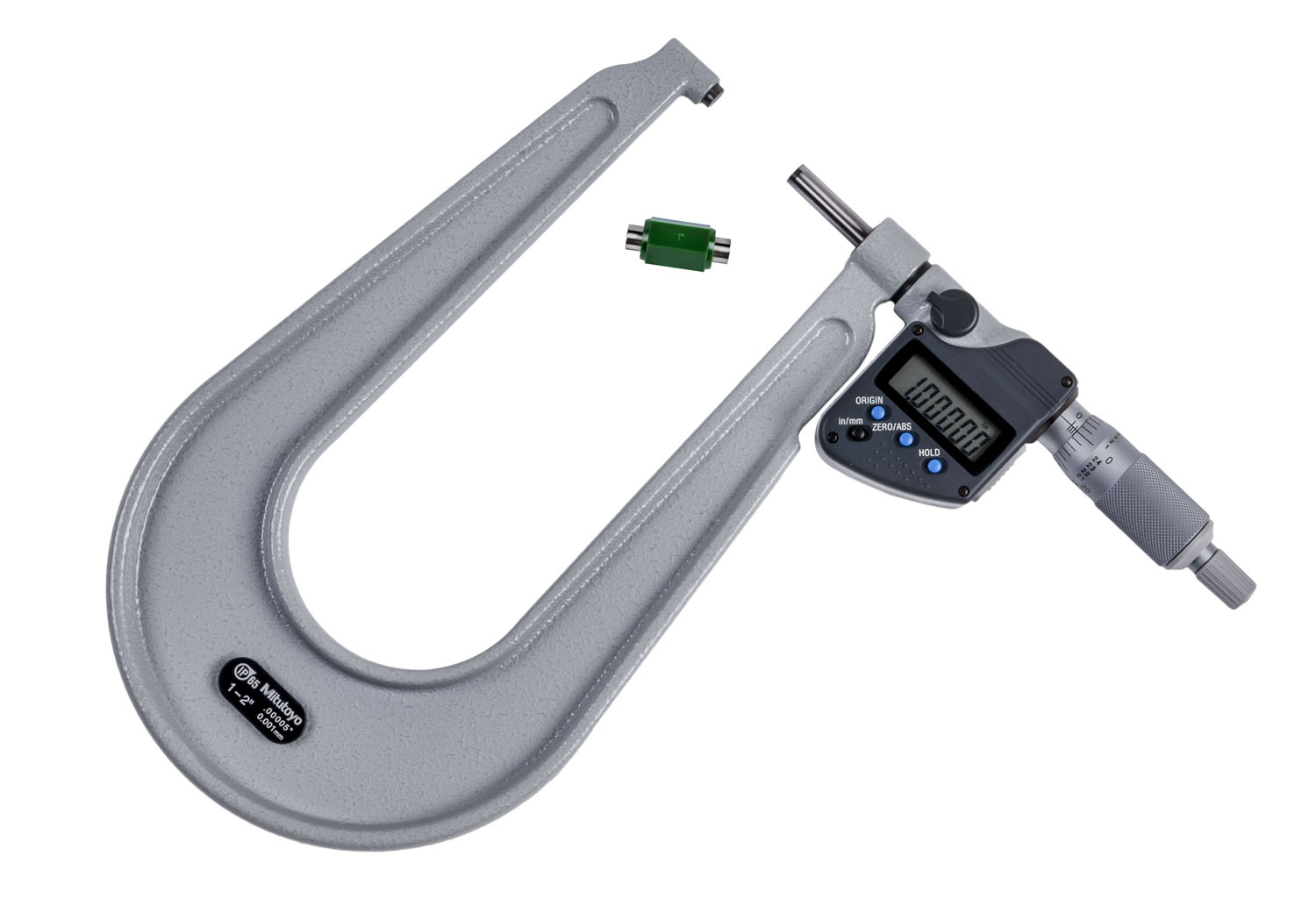 Mitutoyo, 389-352-30, 1-2 In/25.4-50.8mm, .00005 In/0.001mm IP65 Digimatic Sheet Metal Micrometer, With SPC Data Output, Ratchet Stop, With Standard