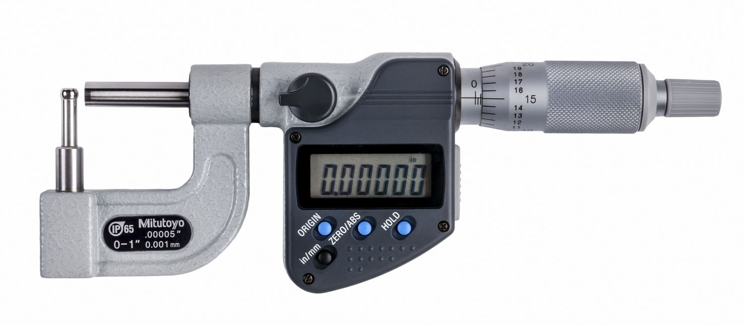 Mitutoyo, 395-363-30, 0-1 In/0-25.4mm, .00005 In/0.001mm Digimatic Spherical Face Micrometer, Carbide Steel Tip, 4.7mm Diameter Spherical Anvil, With SPC Data Output, Ratchet Stop