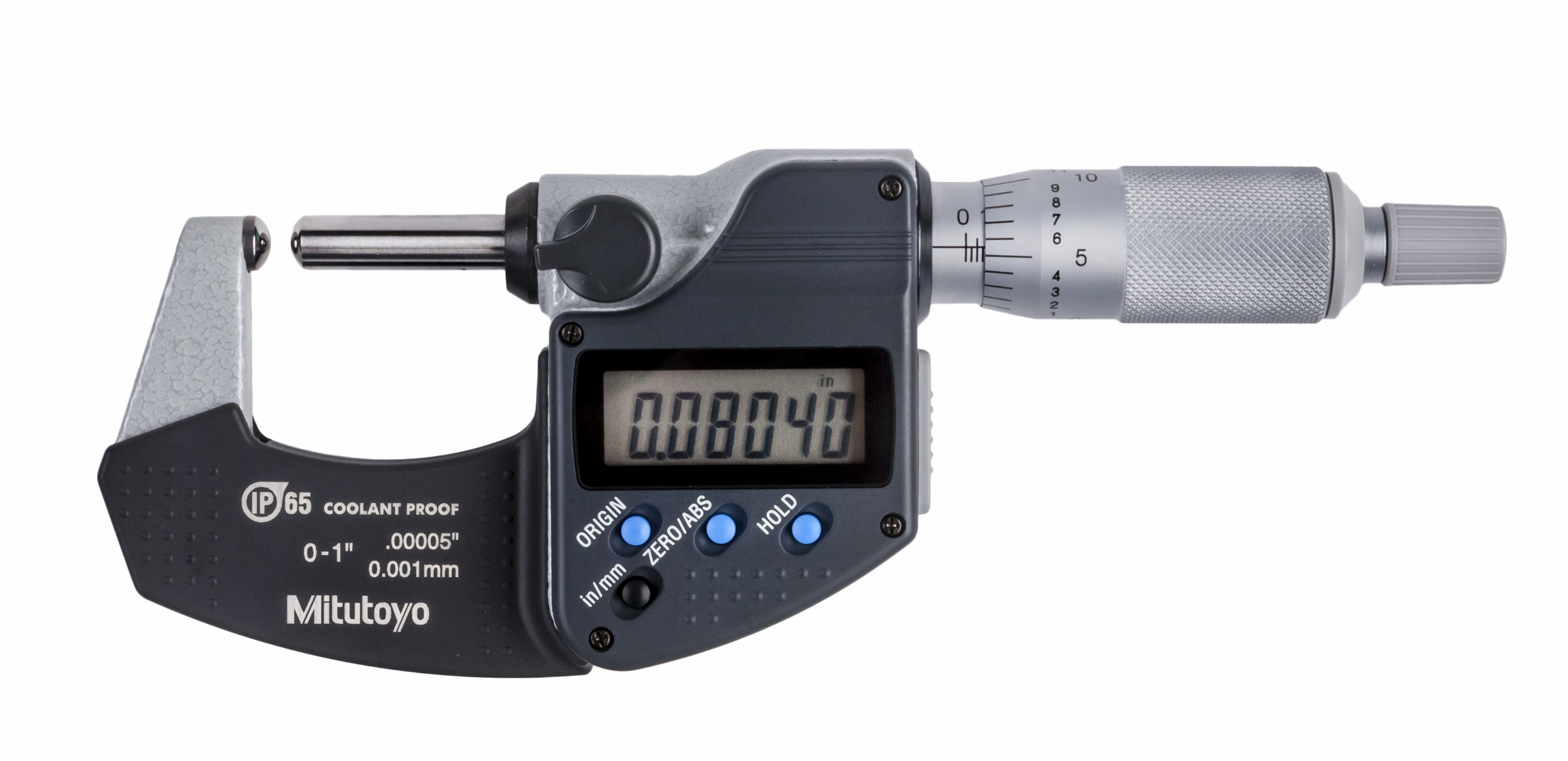 Mitutoyo, 395-371-30, 0-1 In/0-25.4mm, .00005 In/0.001mm Digimatic Spherical Face Micrometer, Carbide Steel Tip, Spherical Anvil Spherical Spindle, .59 In Max Inside Diameter, With SPC Data Output, Ratchet Stop