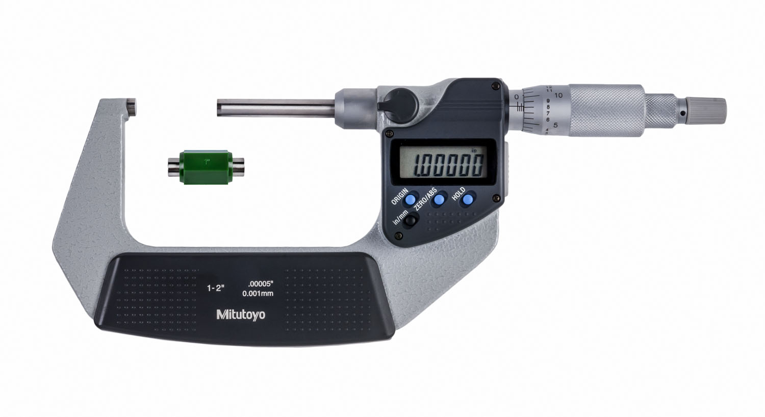 Mitutoyo, 406-351-30, 1-2 In/25.4-50.8mm, .00005 In/0.001mm Digimatic Outside Micrometer, Non-Rotating Spindle, With SPC Data Output, Ratchet Stop