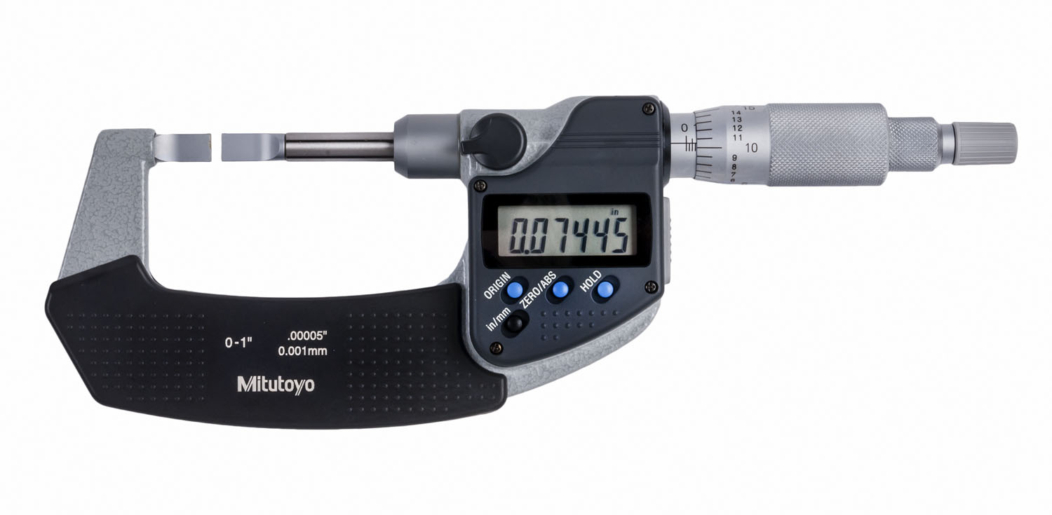 Mitutoyo, 422-330-30, 0-1 In/0-25.4mm, .00005 In/0.001mm Digimatic Blade Micrometer, .75mm Blade Thickness, Non-Rotating Spindle, With SPC Data Output, Ratchet Stop