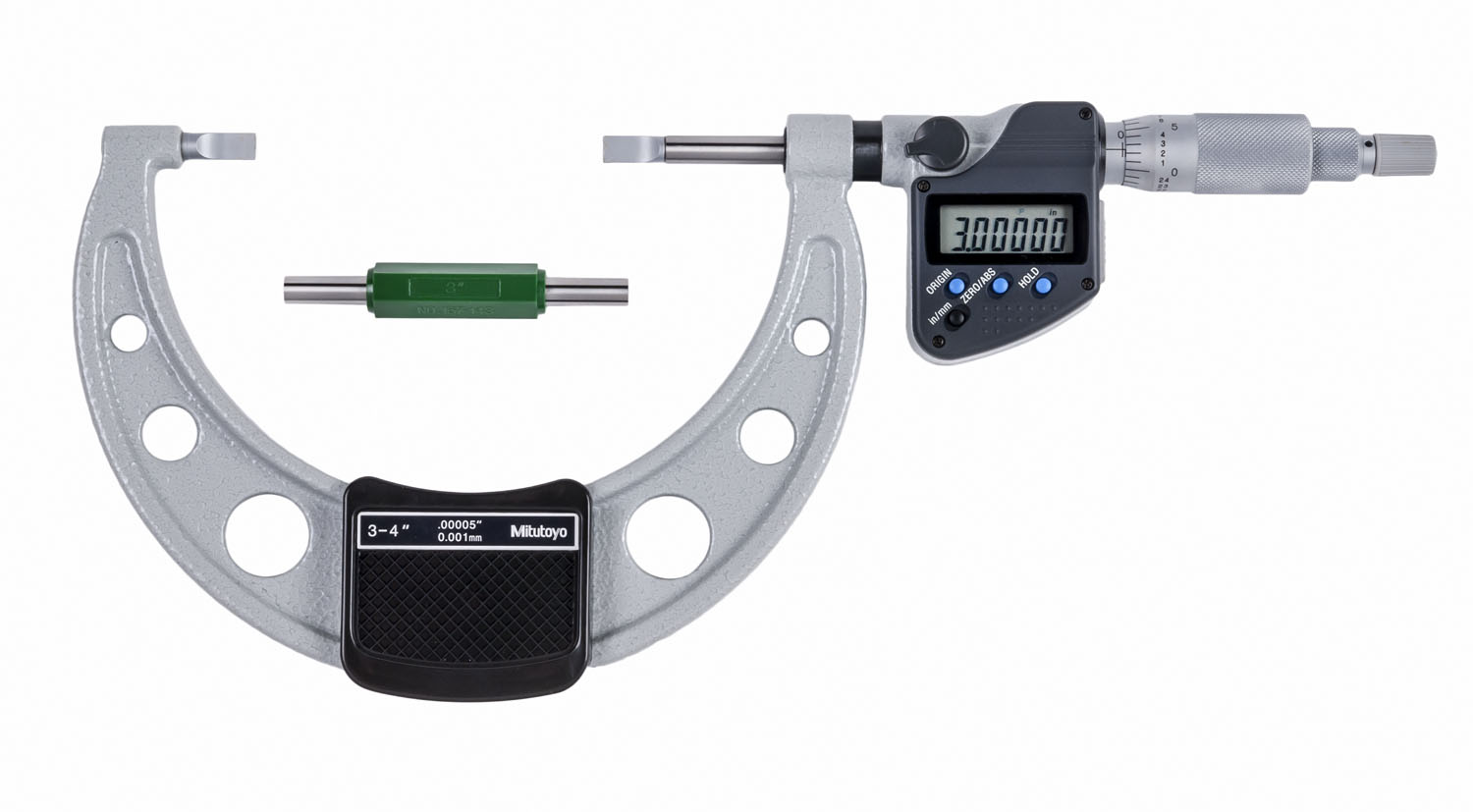 Mitutoyo, 422-333-30, 3-4 In/76.2-101.6mm, .00005 In/0.001mm Digimatic Blade Micrometer, .75mm Blade Thickness, Non-Rotating Spindle, With SPC Data Output, Ratchet Stop