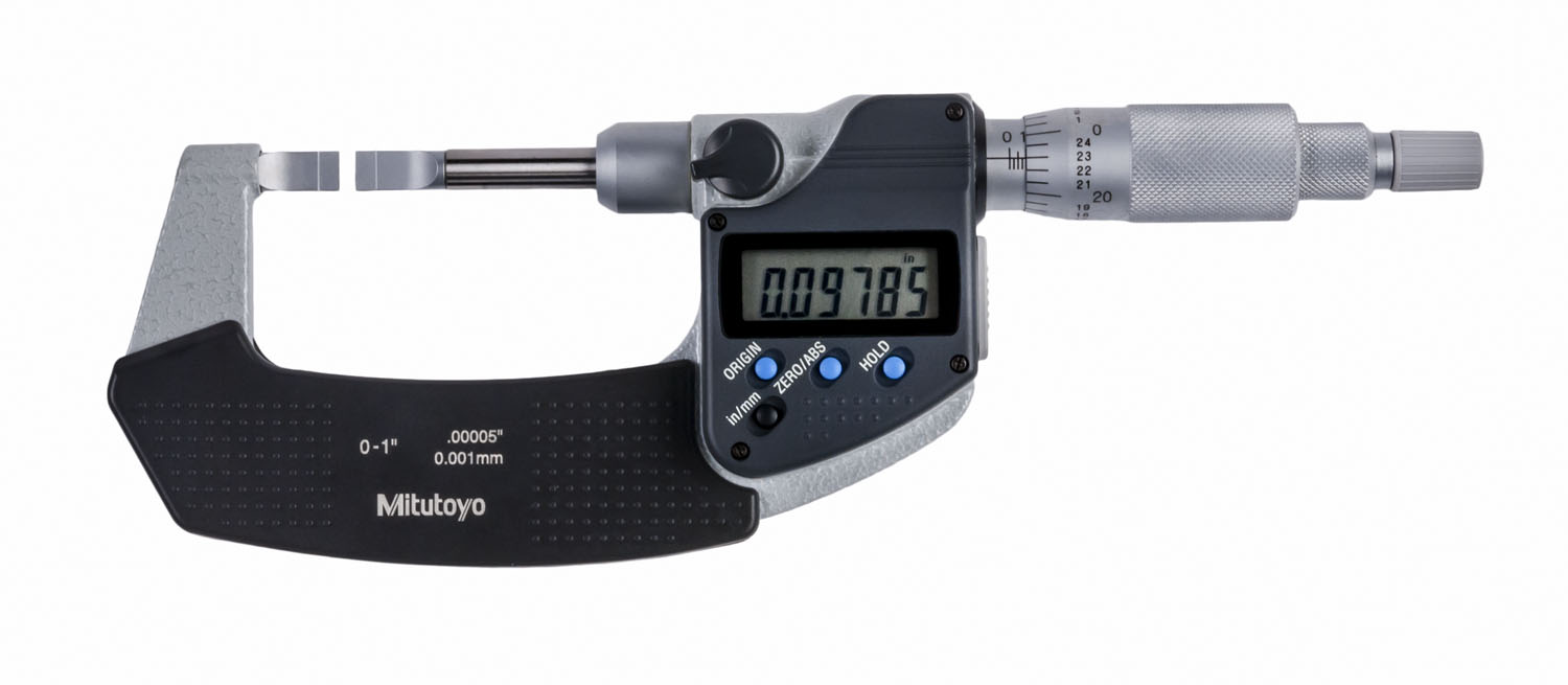 Mitutoyo, 422-360-30, 0-1 In/0-25.4mm, .00005 In/0.001mm Digimatic Blade Micrometer, .4mm Blade Thickness, Non-Rotating Spindle, With SPC Data Output, Ratchet Stop