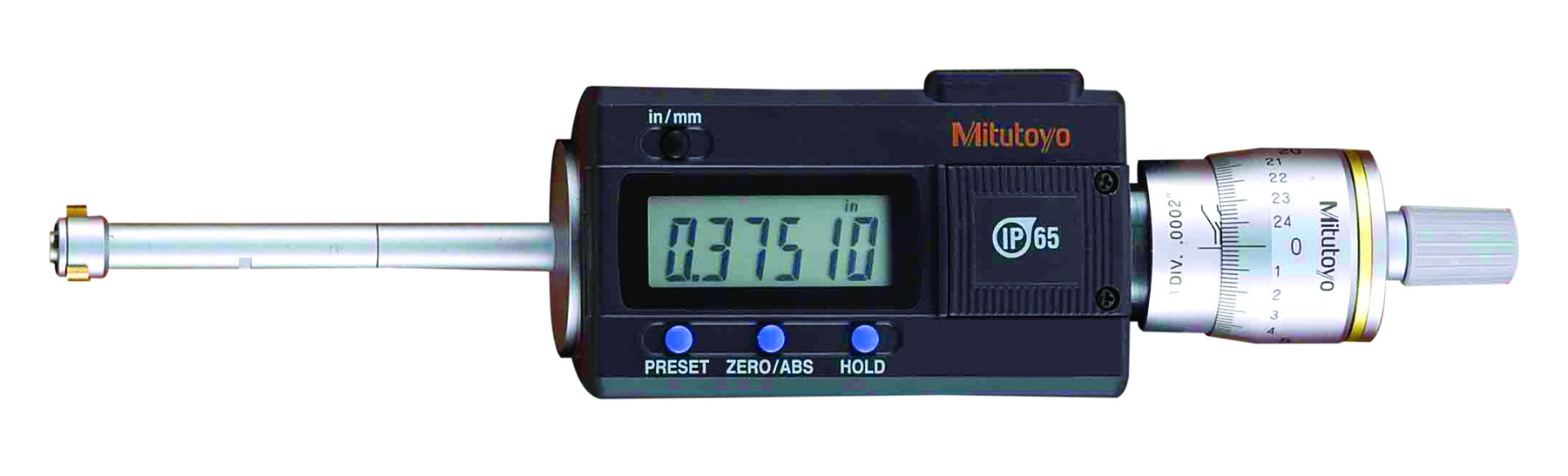 Mitutoyo, 468-262, Digimatic holtest, 3-point internal micrometer, .35-.425in/8.89-10.795mm range, +/-.0001 in accuracy, 04AZB111 main body assembly
