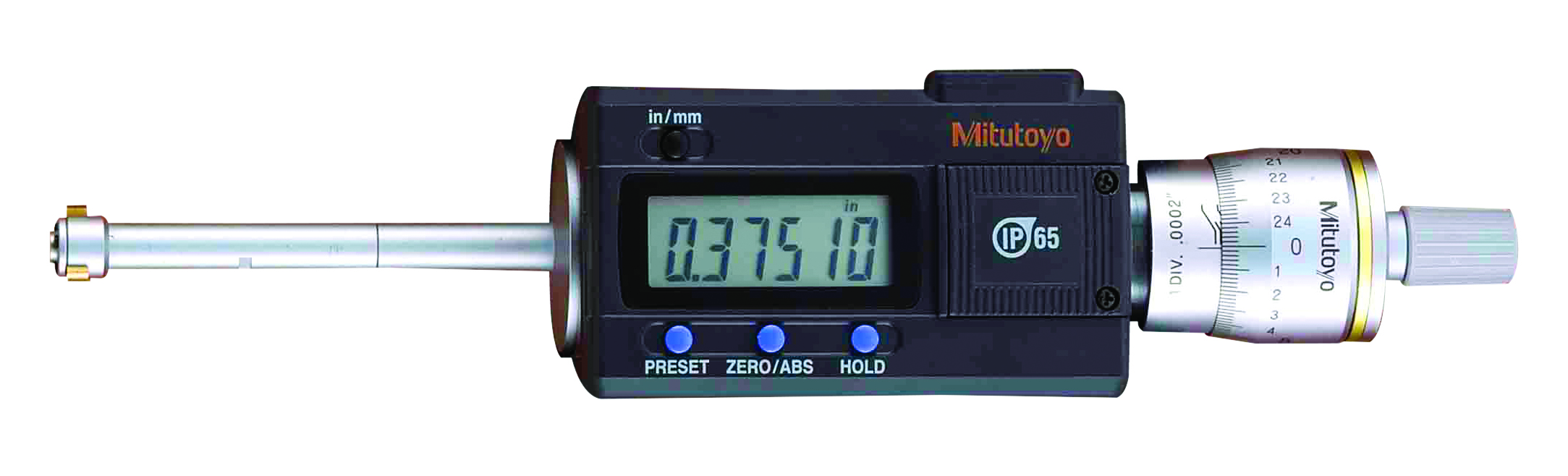 Mitutoyo, 468-263, .425-.5 In/10.795-12.7mm, .00005 In/0.001mm, Digimatic Holtest, Titanium Nitride Coated Contact Points, With SPC Output, Ratchet Stop